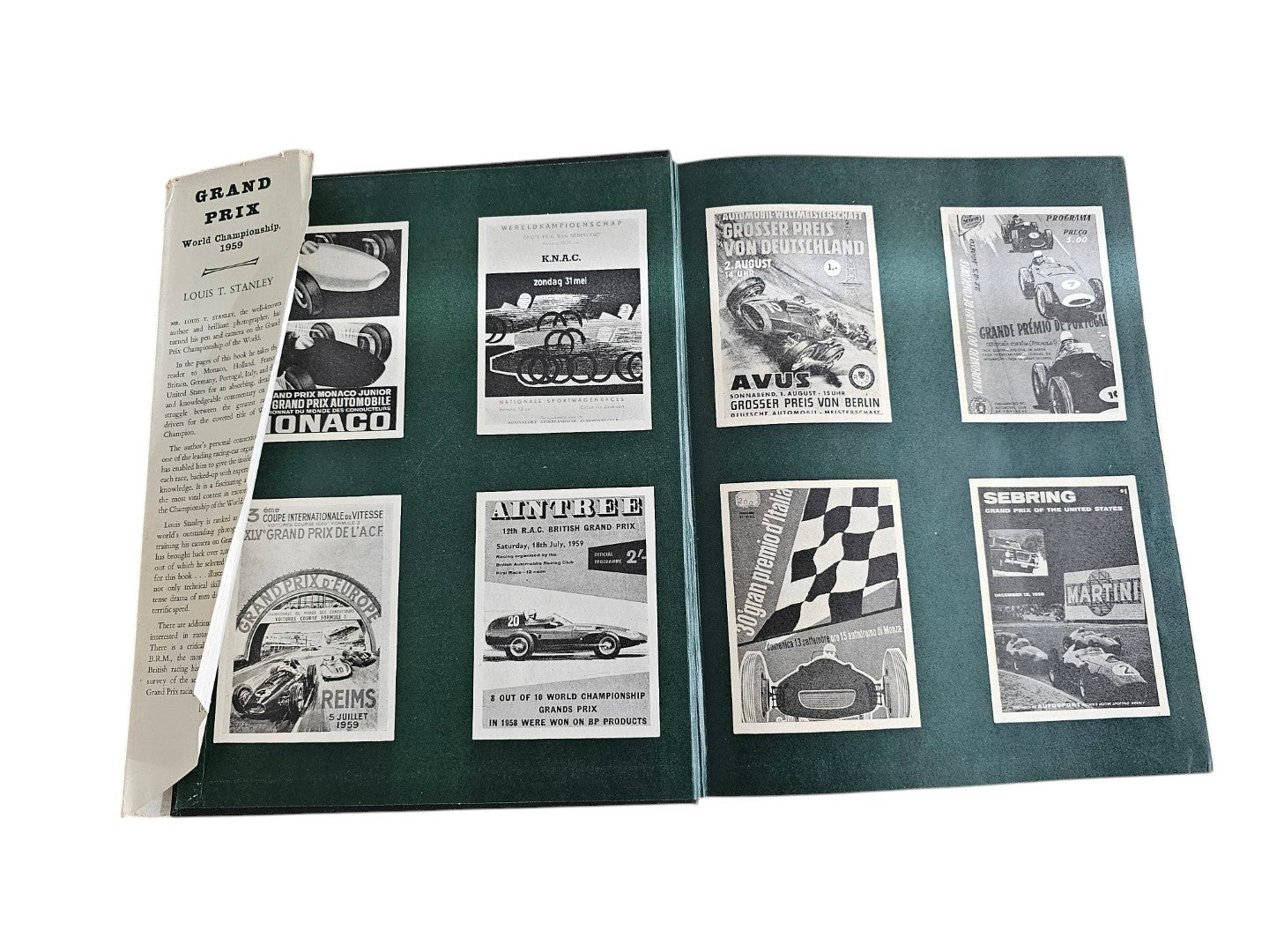 Vintage auto racing book open to index pages with multiple small racing illustrations.