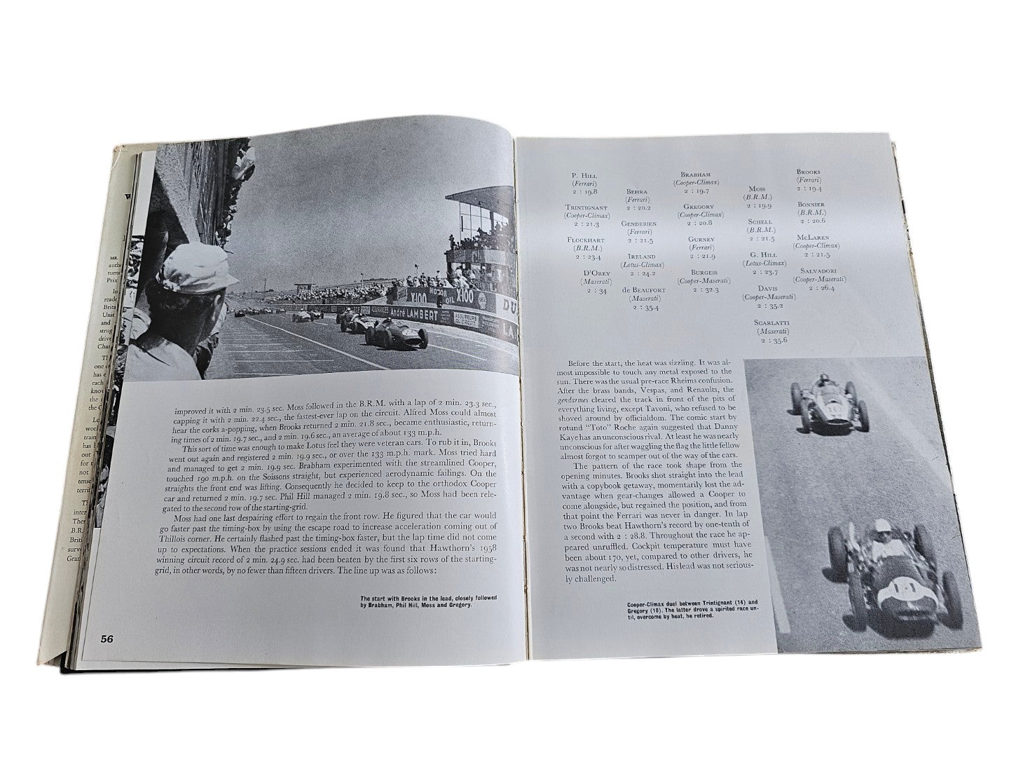 Vintage auto racing book open to pages with black-and-white race photographs and printed text.