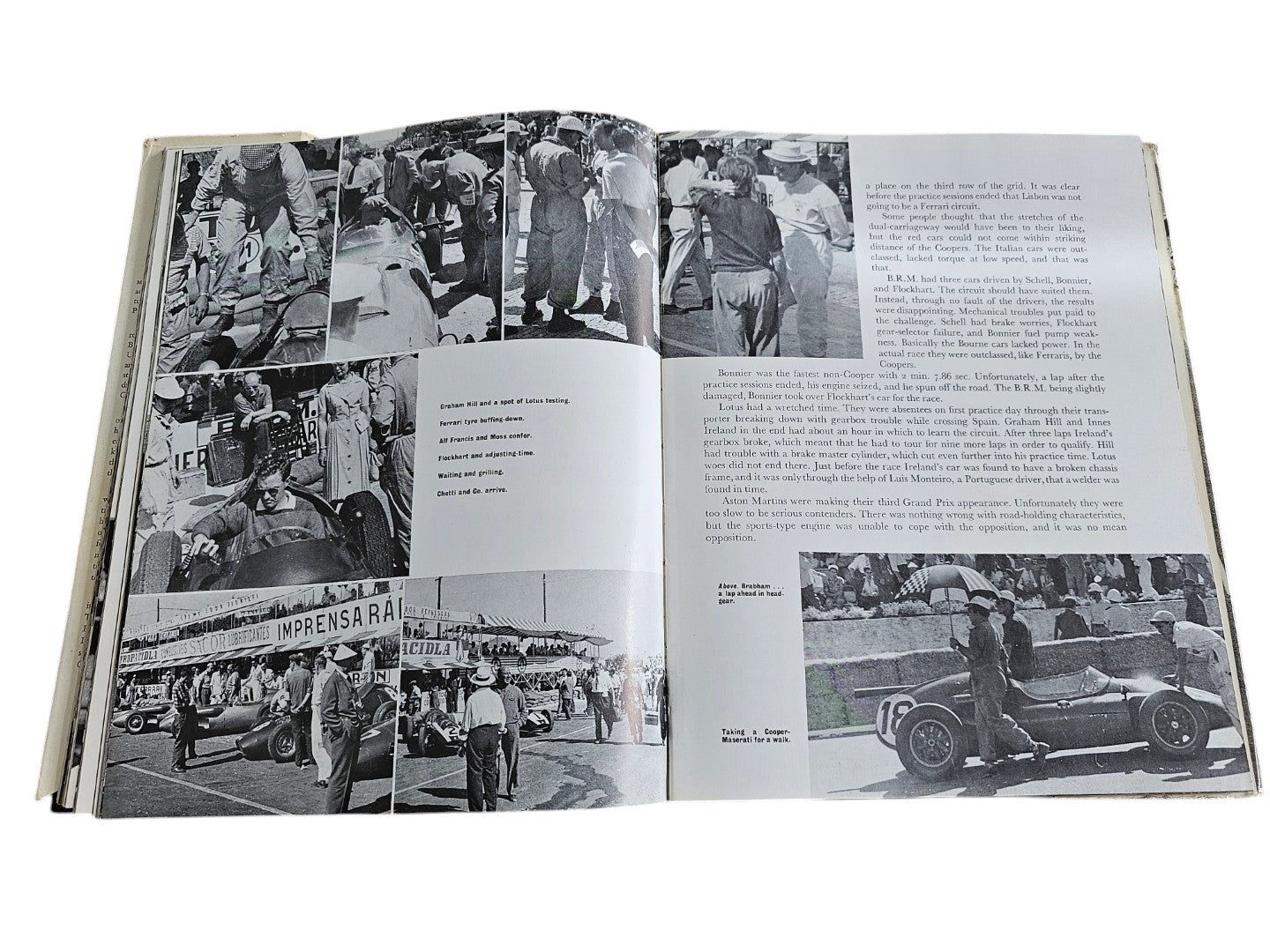 Vintage auto racing book open to pages with black-and-white photo collage and captioned sections.
