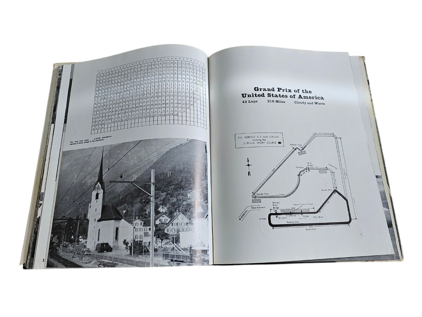 Vintage auto racing book open to pages with circuit diagram and aerial scene photograph.