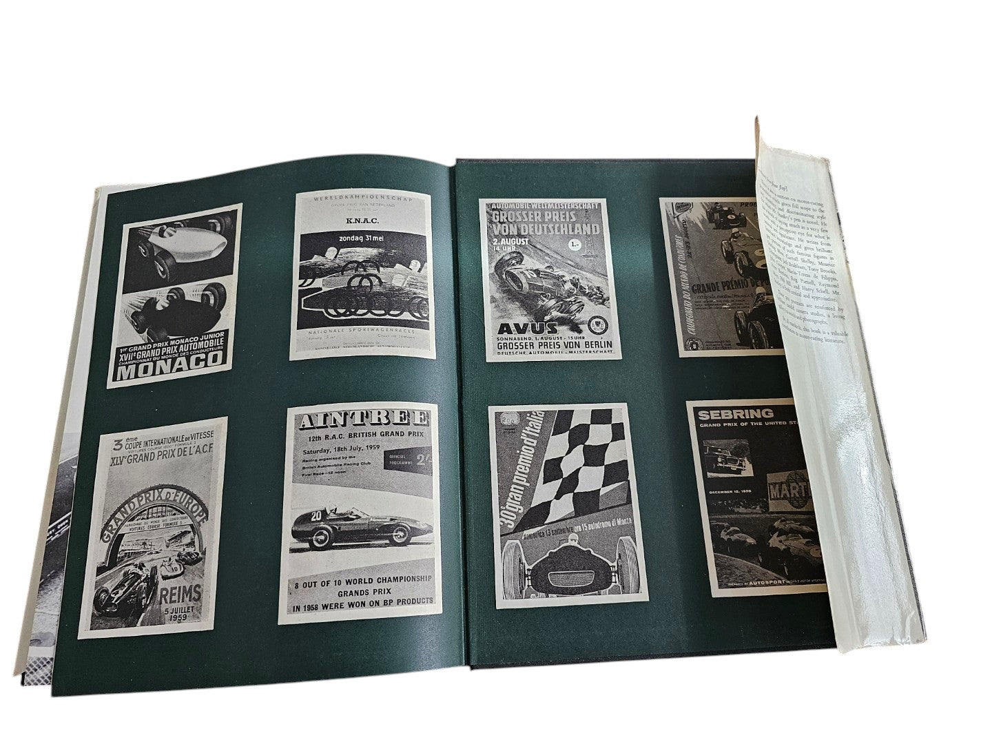Opened book page with racing-themed logos and collage of car photos and posters