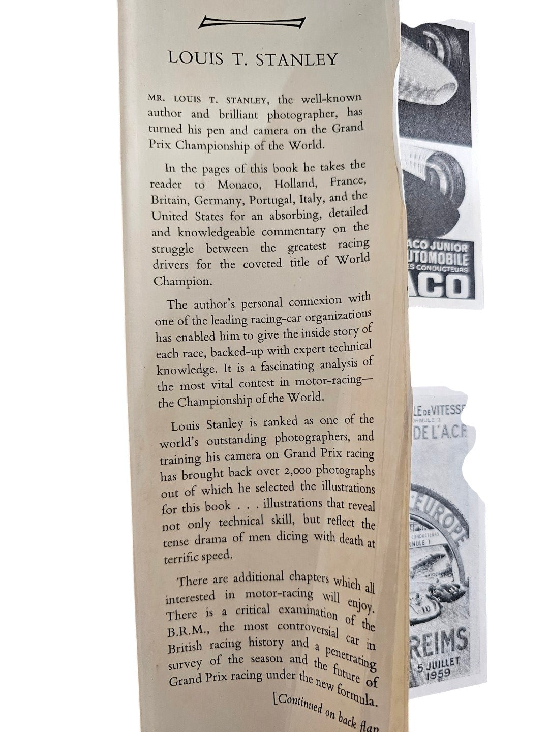 Vintage book page with Louis T. Stanley name and text beside black-and-white photo