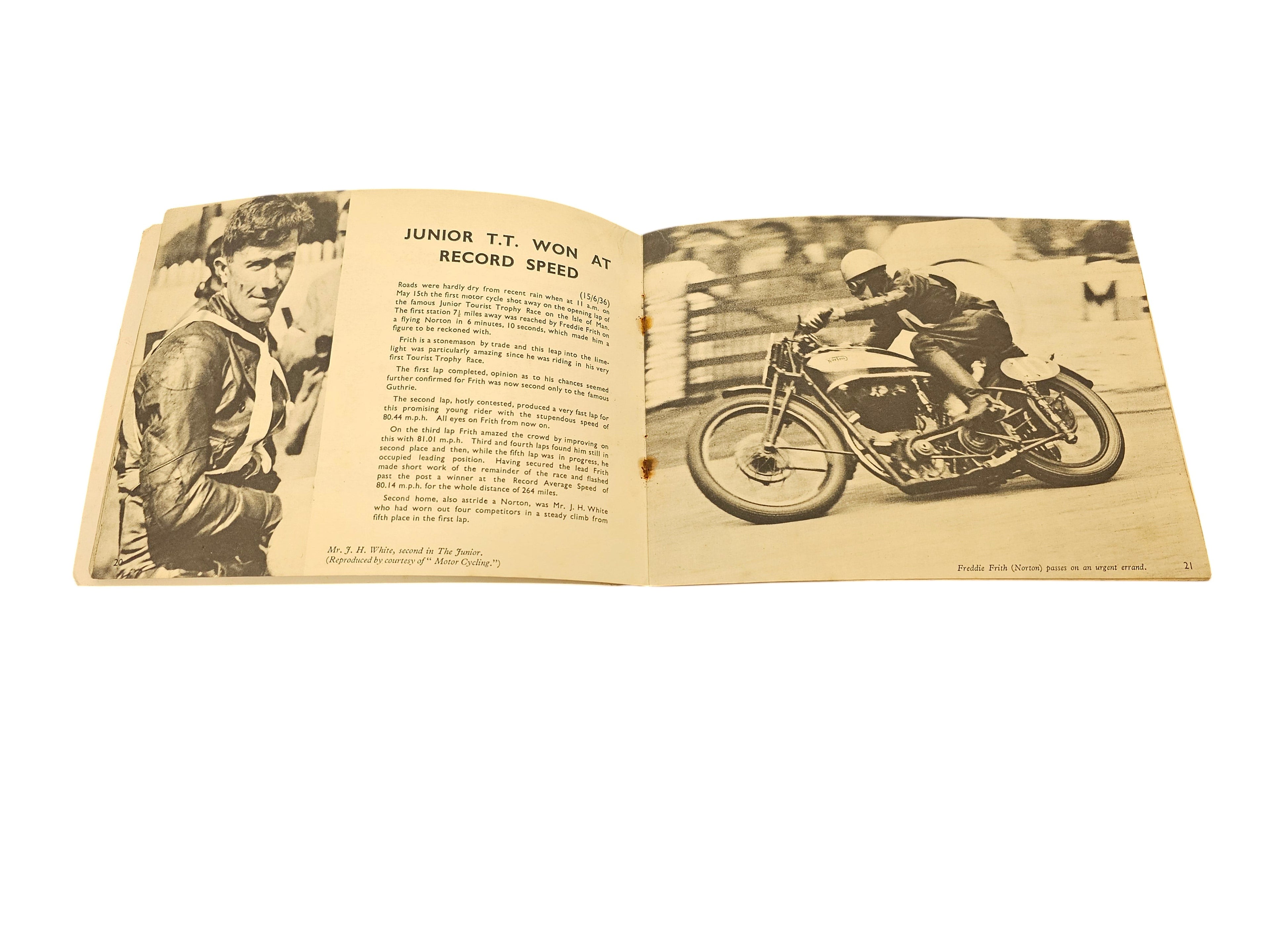 Open vintage booklet pages with rider photo and motorcycle illustration