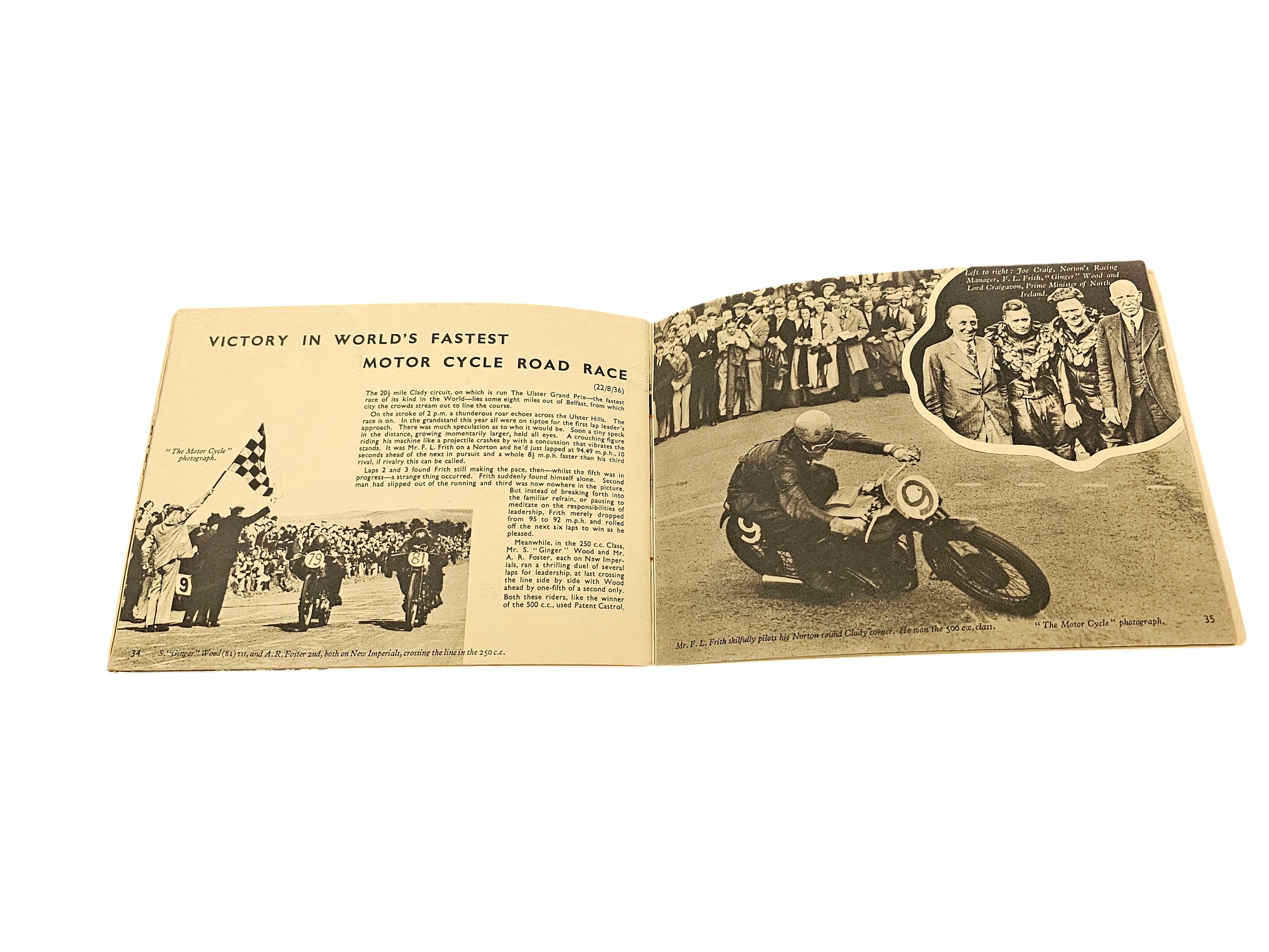 Open vintage booklet pages with race article and motorcycle with crowd photo