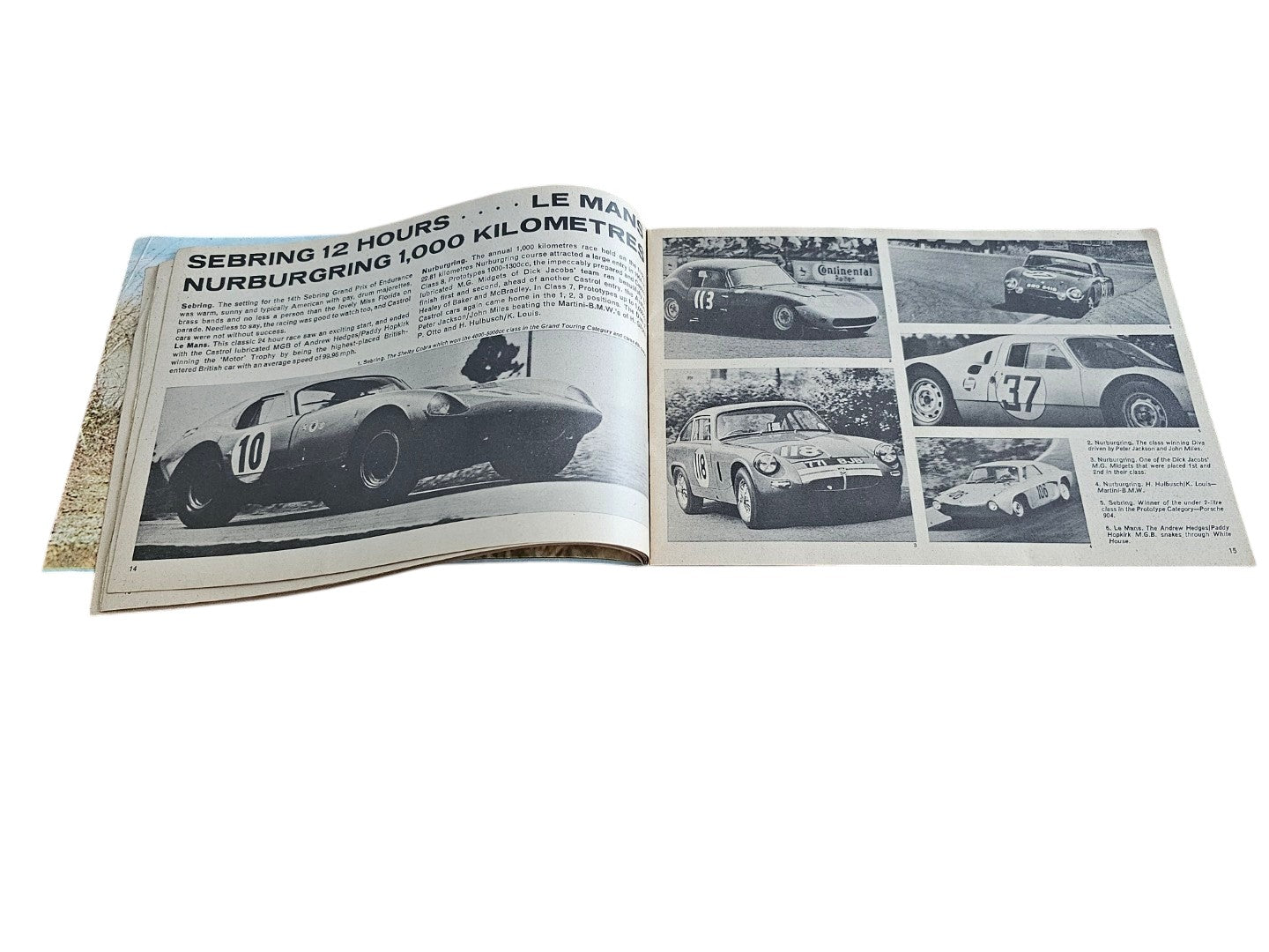 Open vintage booklet pages with Sebring race photos, numbers, and event text
