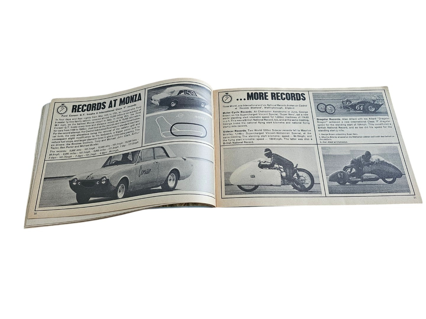 Vintage racing booklet, open pages with photos of cars and motorcycles