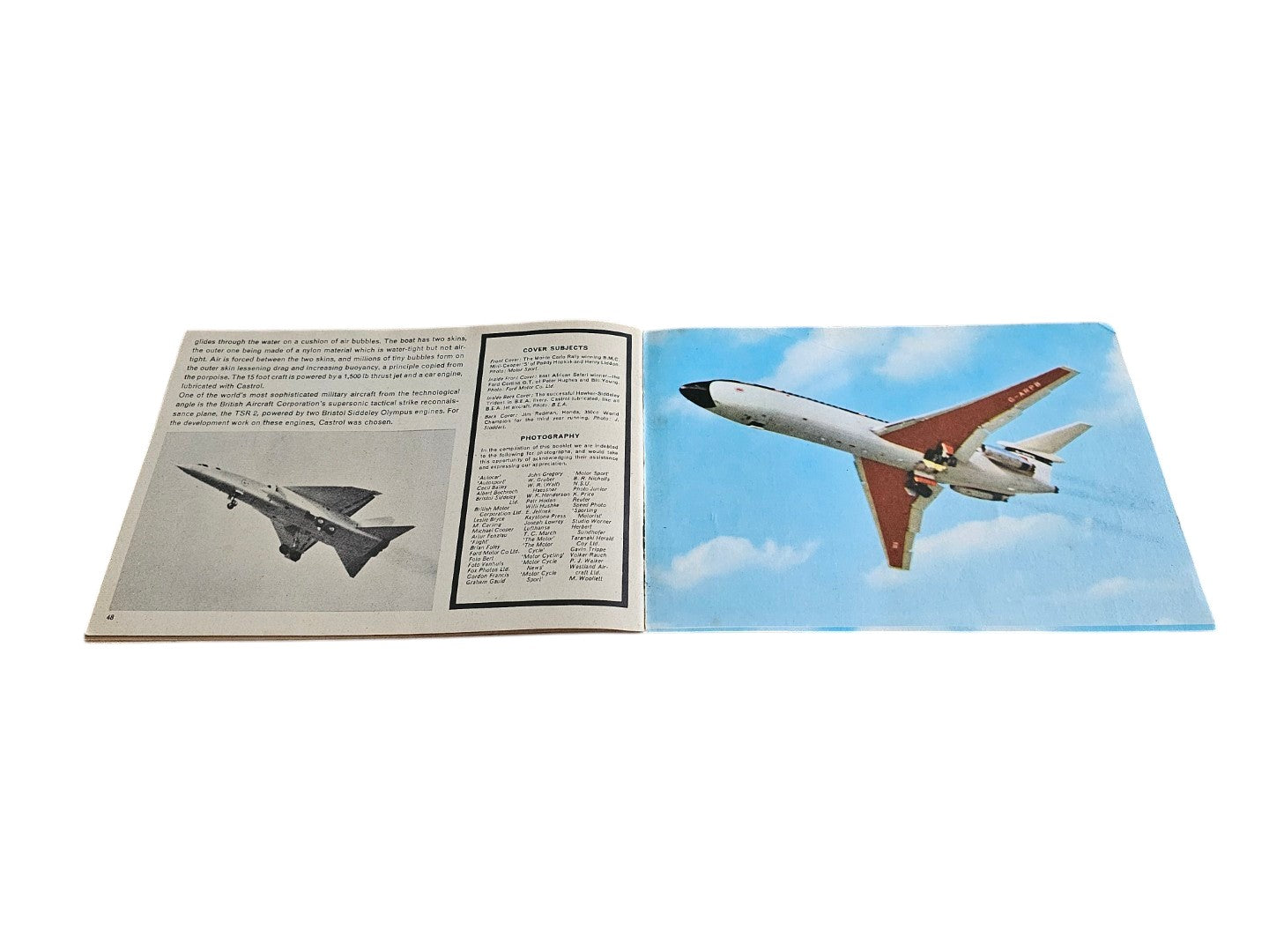 Open vintage booklet pages with aircraft photo and grayscale inset graphics