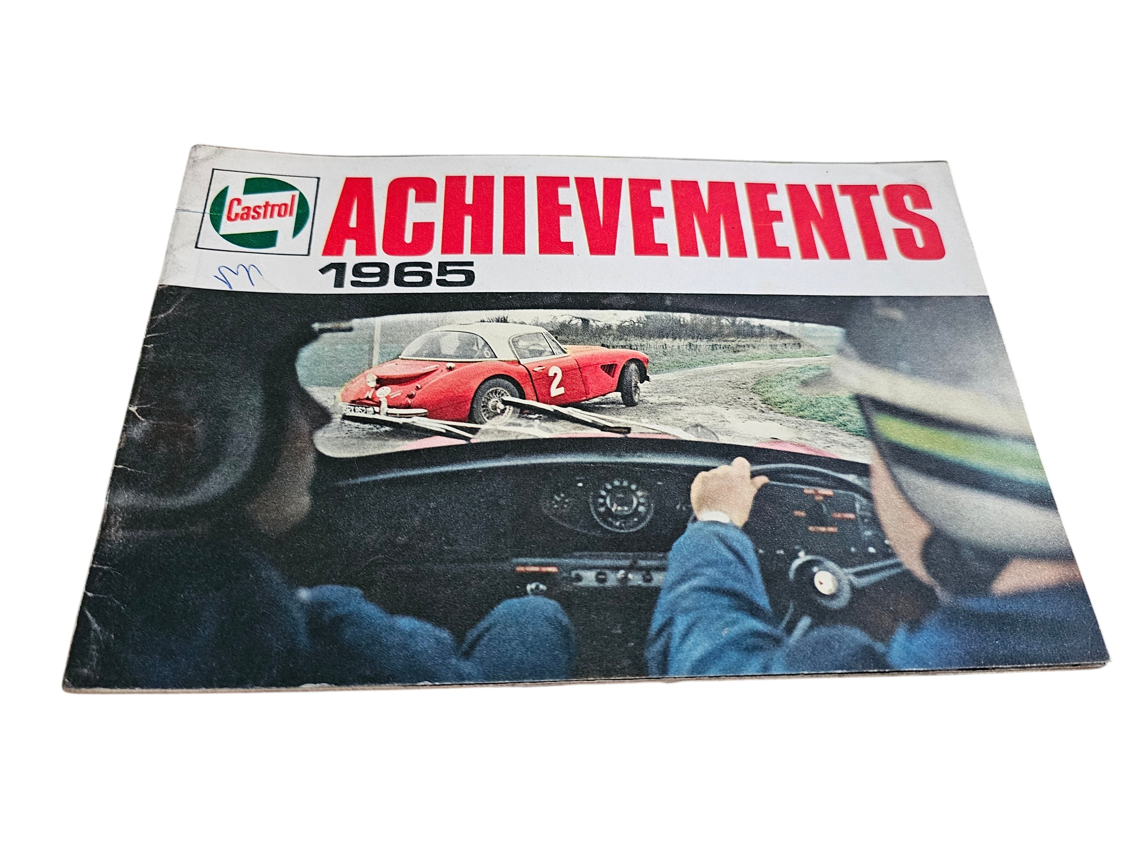 Vintage racing magazine cover at an angle with red 1965 title and race car scene