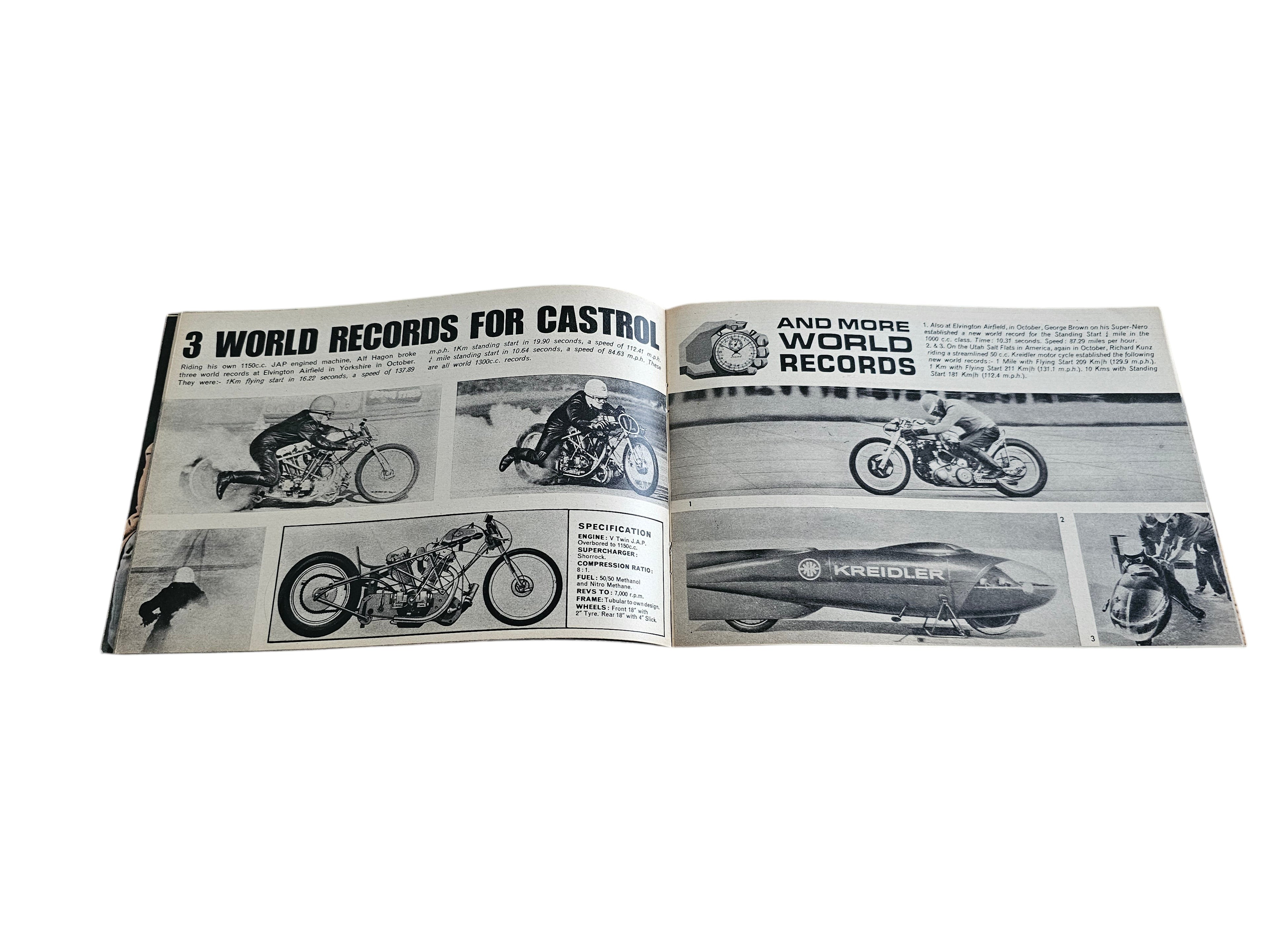 Vintage racing magazine open spread with black-and-white motorbike and record photos