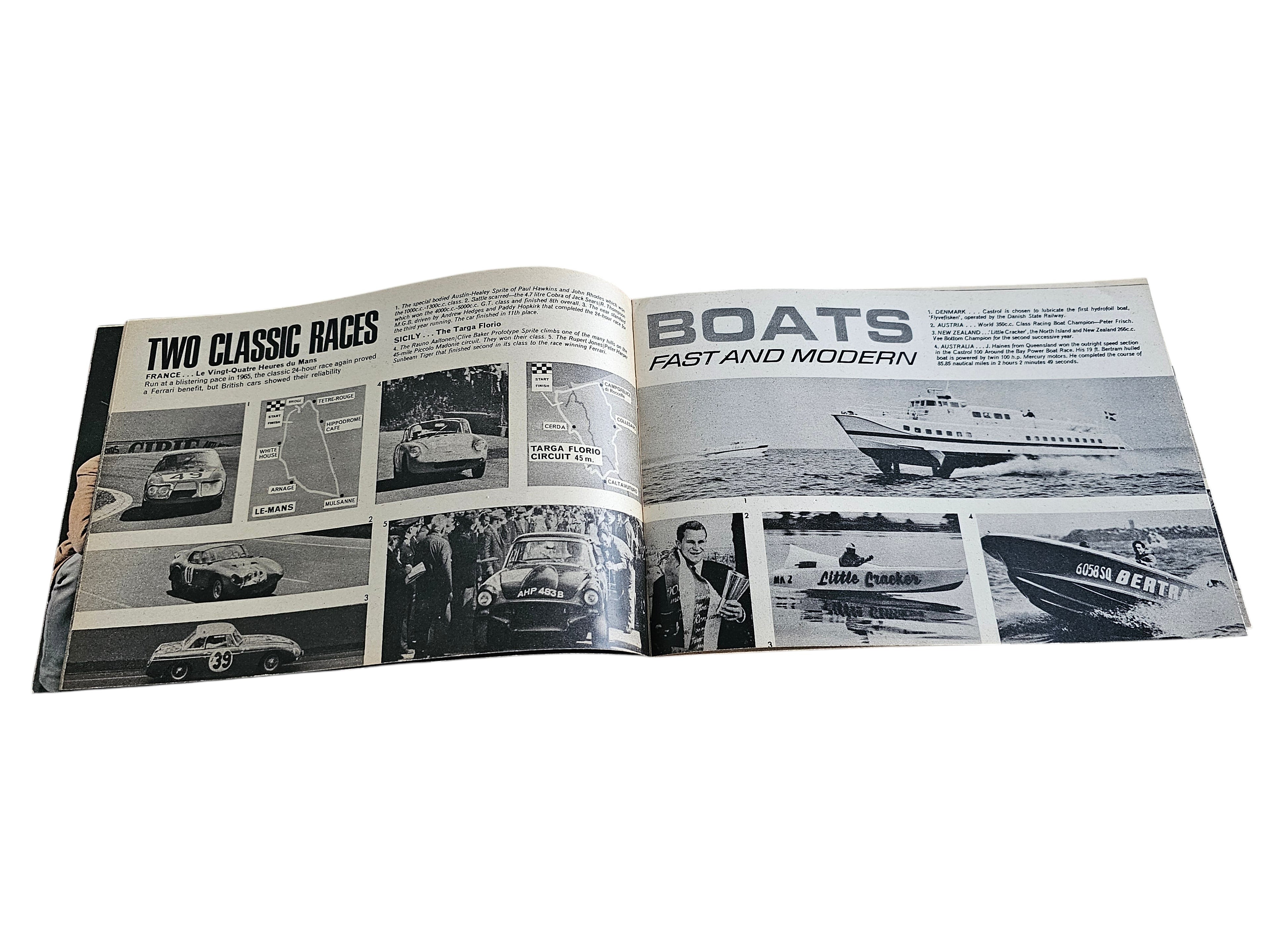 Vintage racing magazine open spread with headings 'TWO CLASSIC RACKS' and 'BOATS'