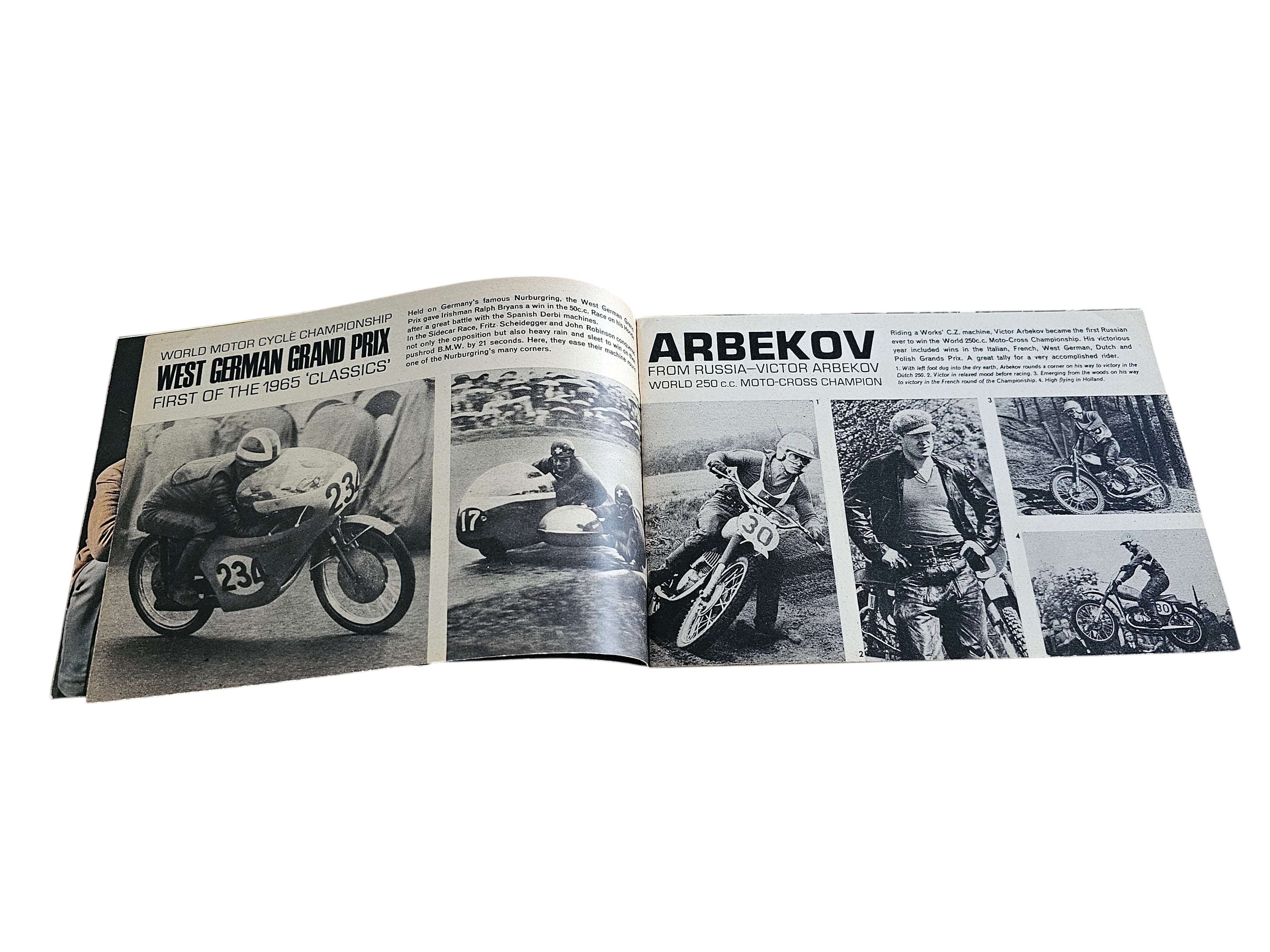 Vintage racing magazine open spread with black-and-white race photos and 'ARBEKOV'