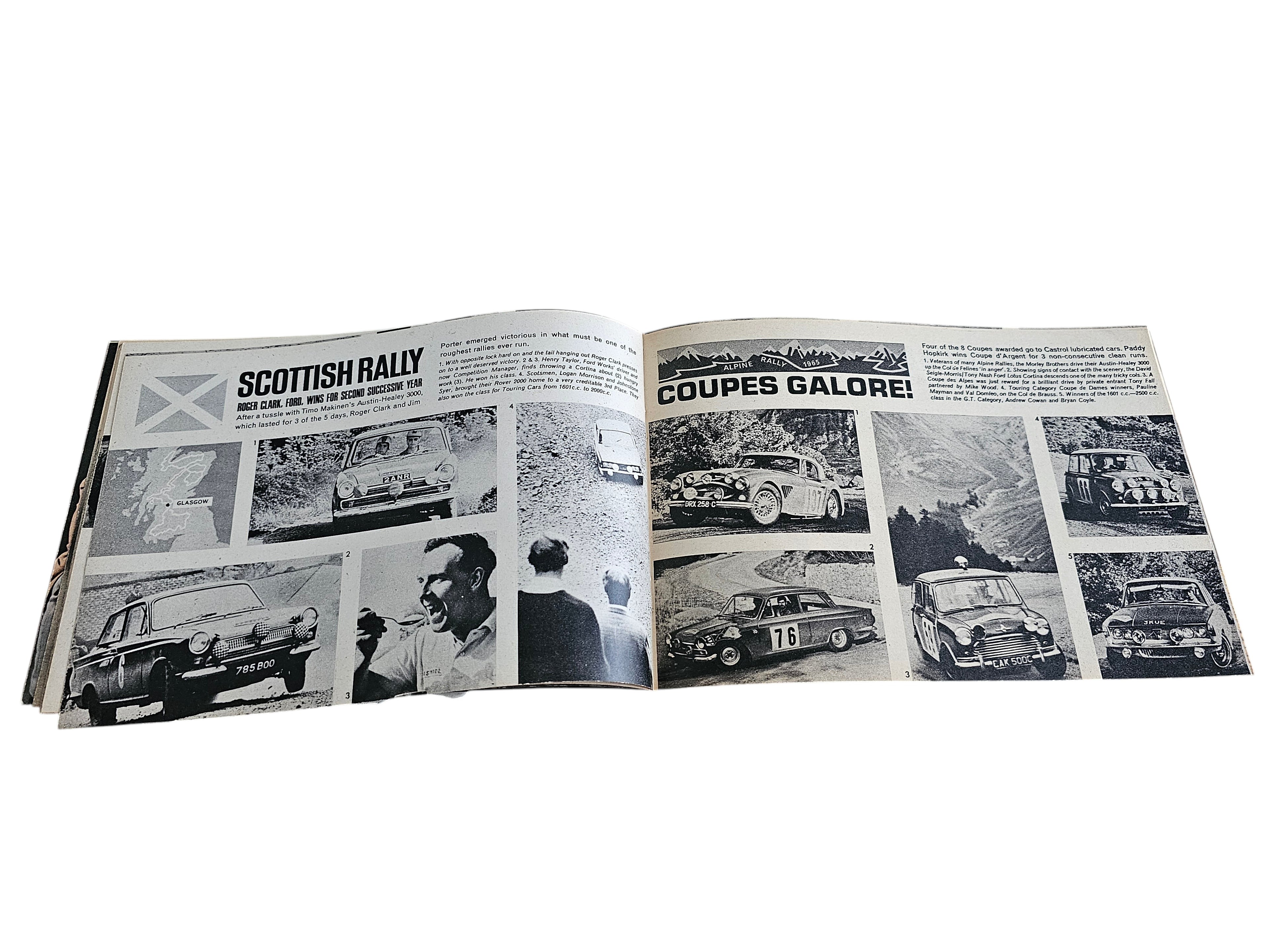 Vintage racing magazine open spread with black-and-white rally photos and 'COUPES GALORE'