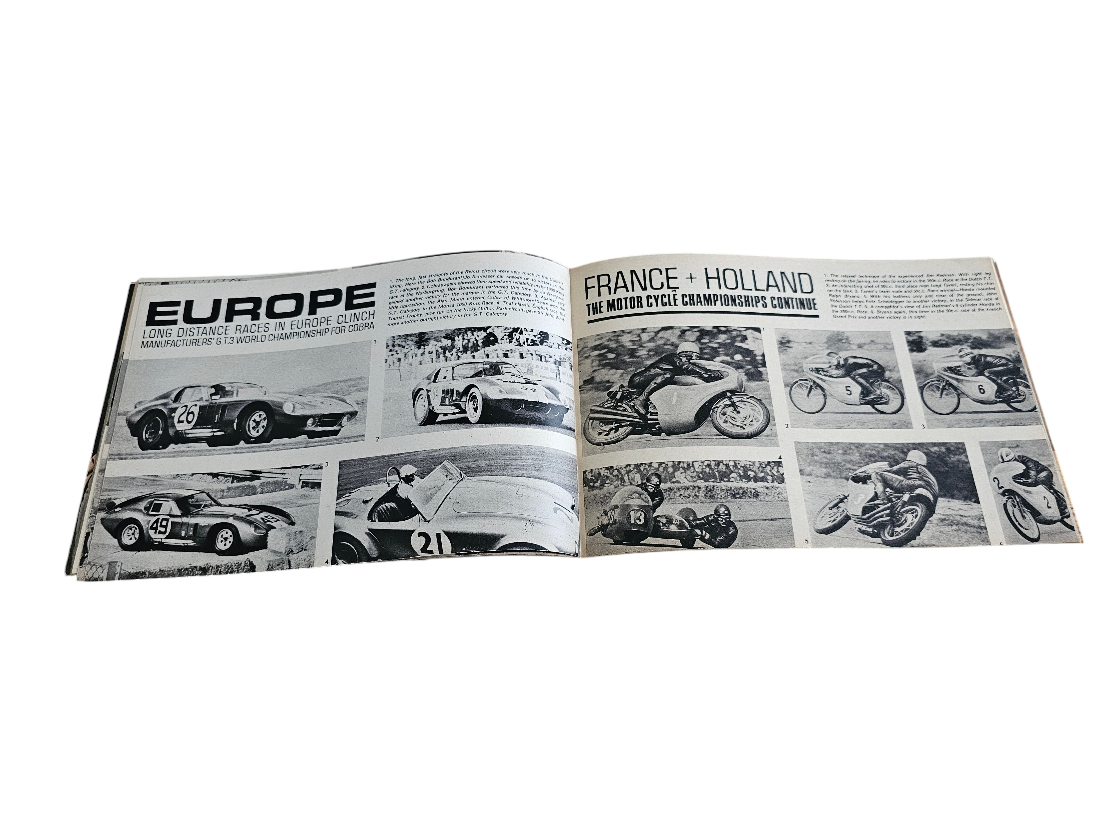 Vintage racing magazine open spread with section titles 'EUROPE' and 'FRANCE HOLLAND'