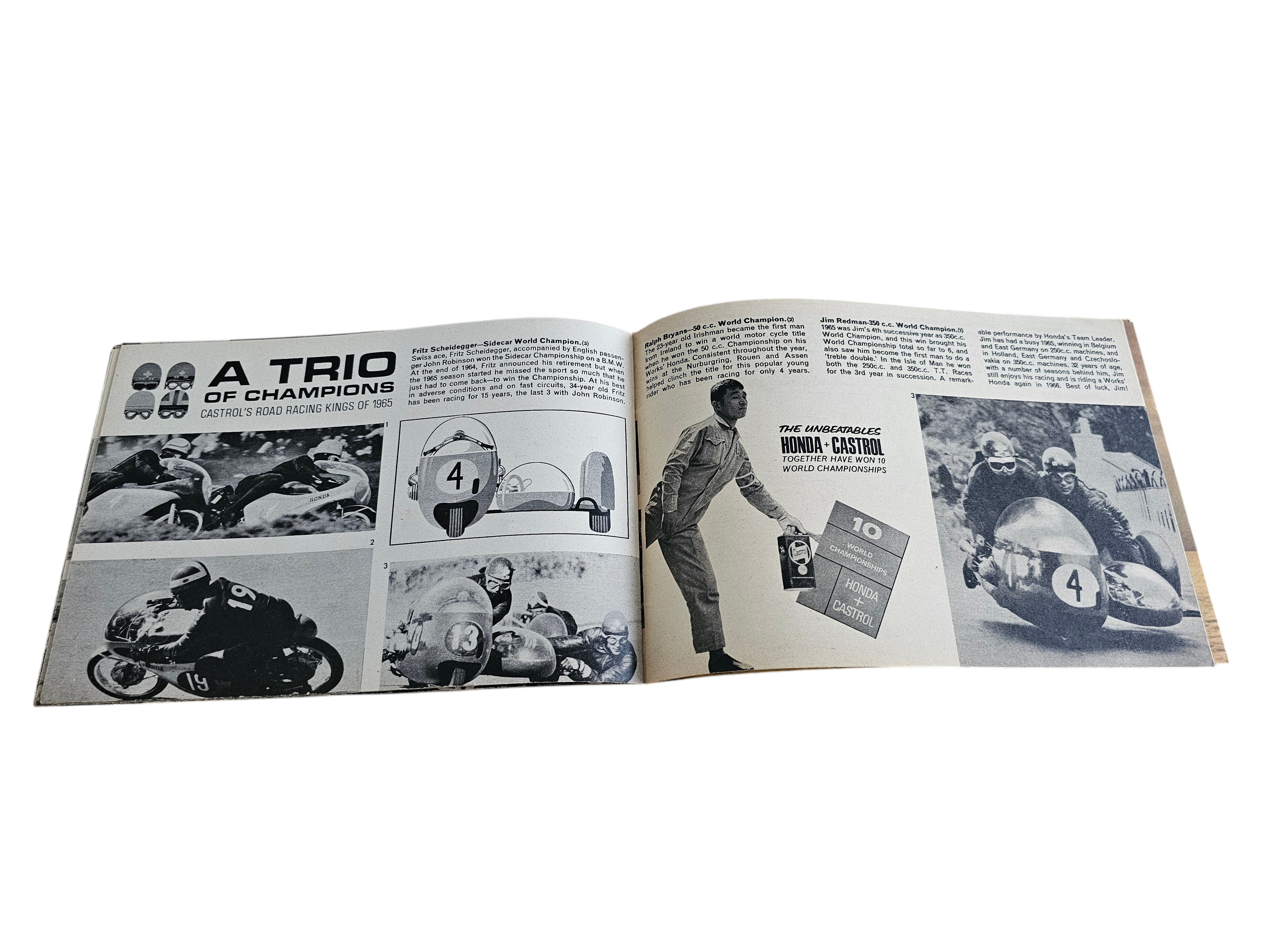 Vintage racing magazine open spread with black-and-white racing photos and numbered features