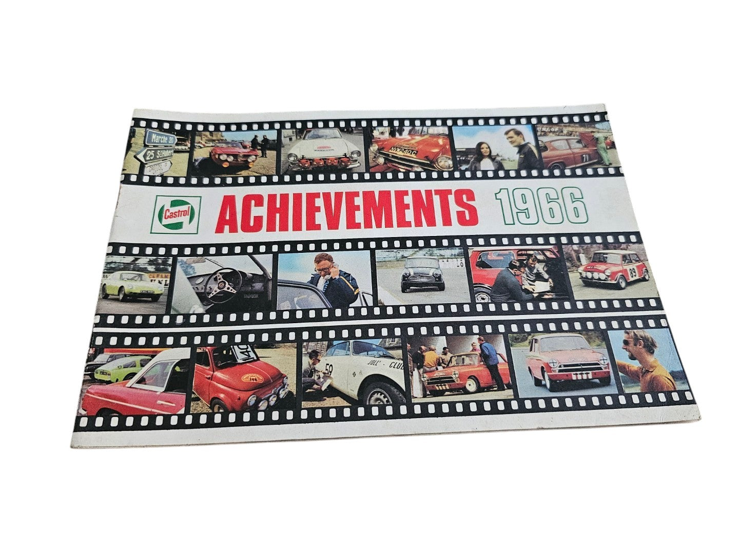 Castrol Achievements 1966 booklet, open-front view with film-strip layout and title strip