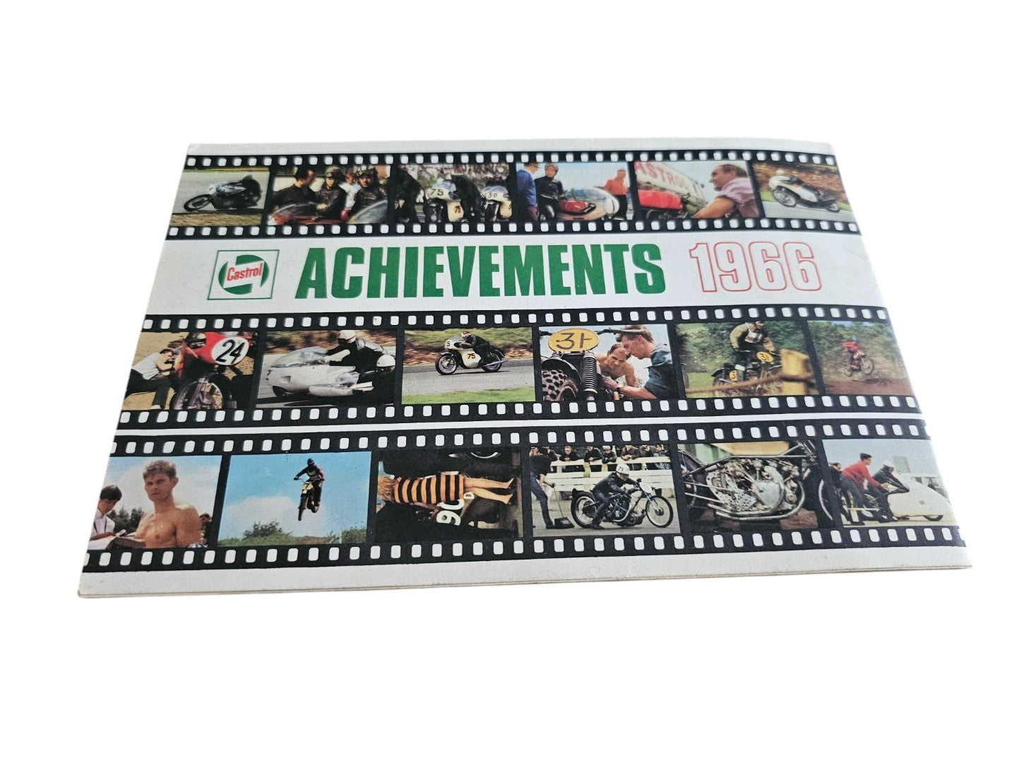 Castrol Achievements 1966 booklet cover angled view with film-strip border and title banner