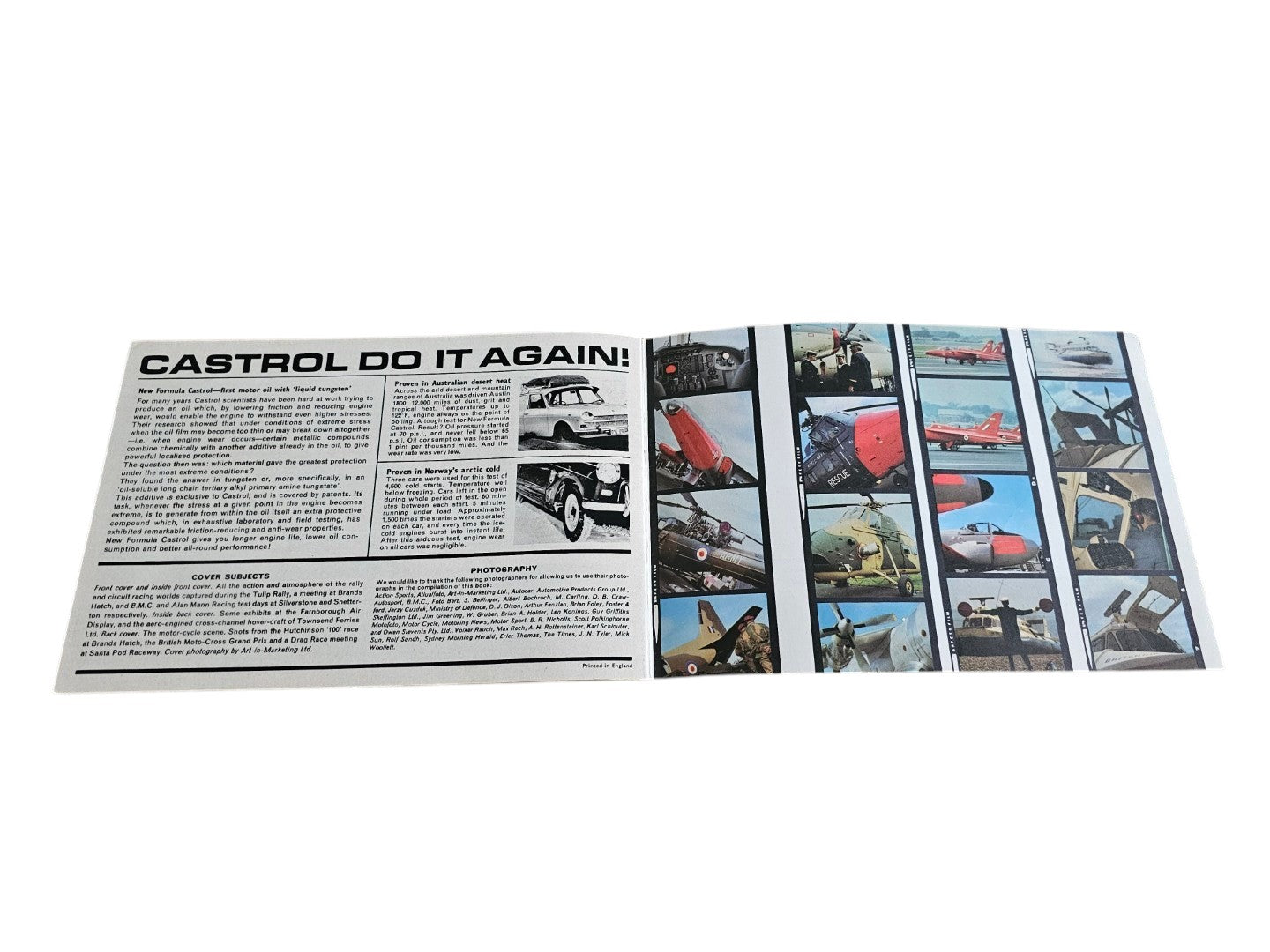 Open Castrol booklet spread with “CASTROL DO IT AGAIN!” header and photo collage panels