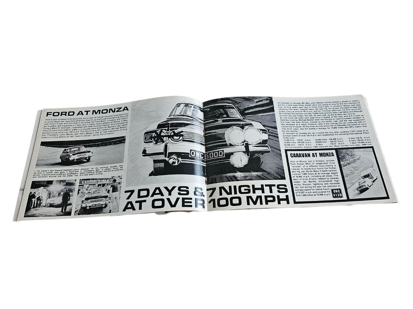 Open Castrol booklet spread with “7 DAYS 7 NIGHTS AT OVER 100 MPH” headline