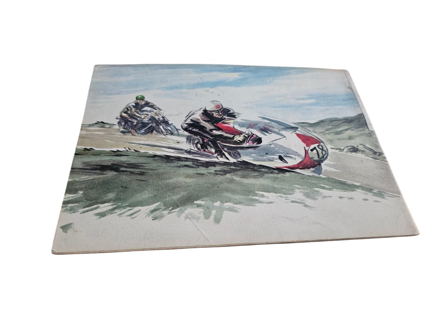 Vintage racing illustration of two motorcycles leaning into a high-speed turn