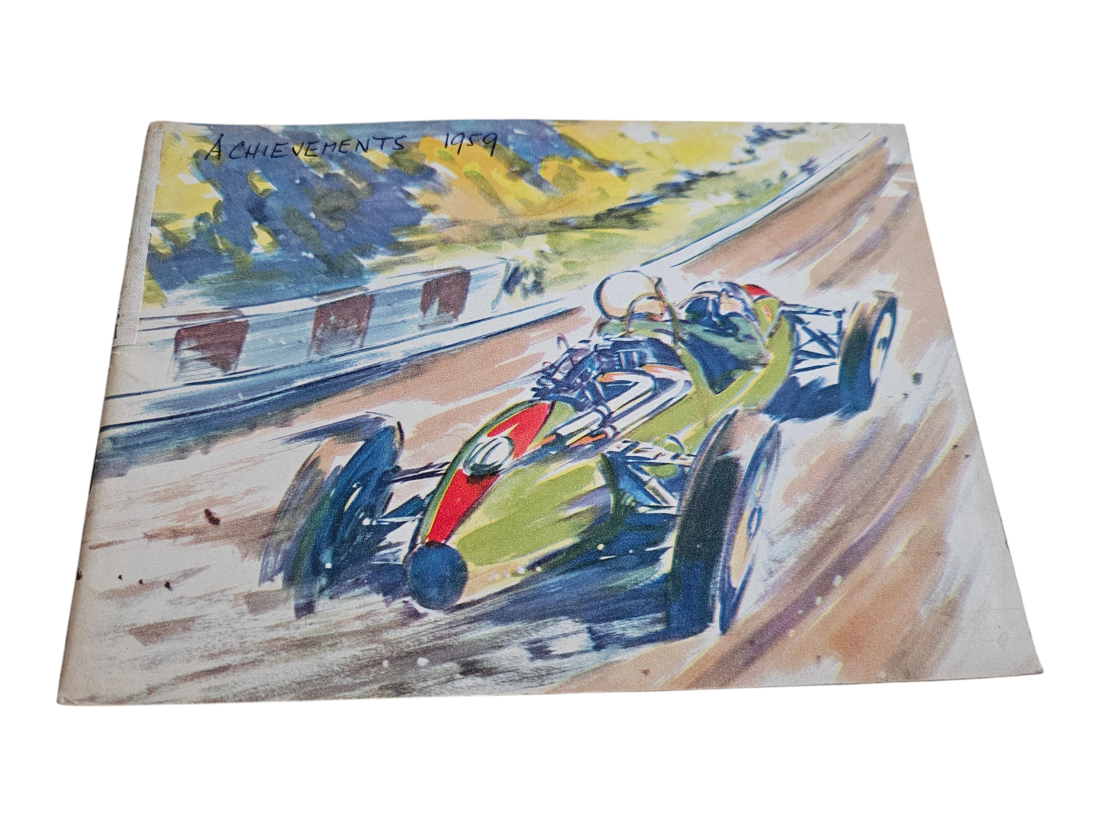 Vintage racing book cover with painted blue race car and track curve