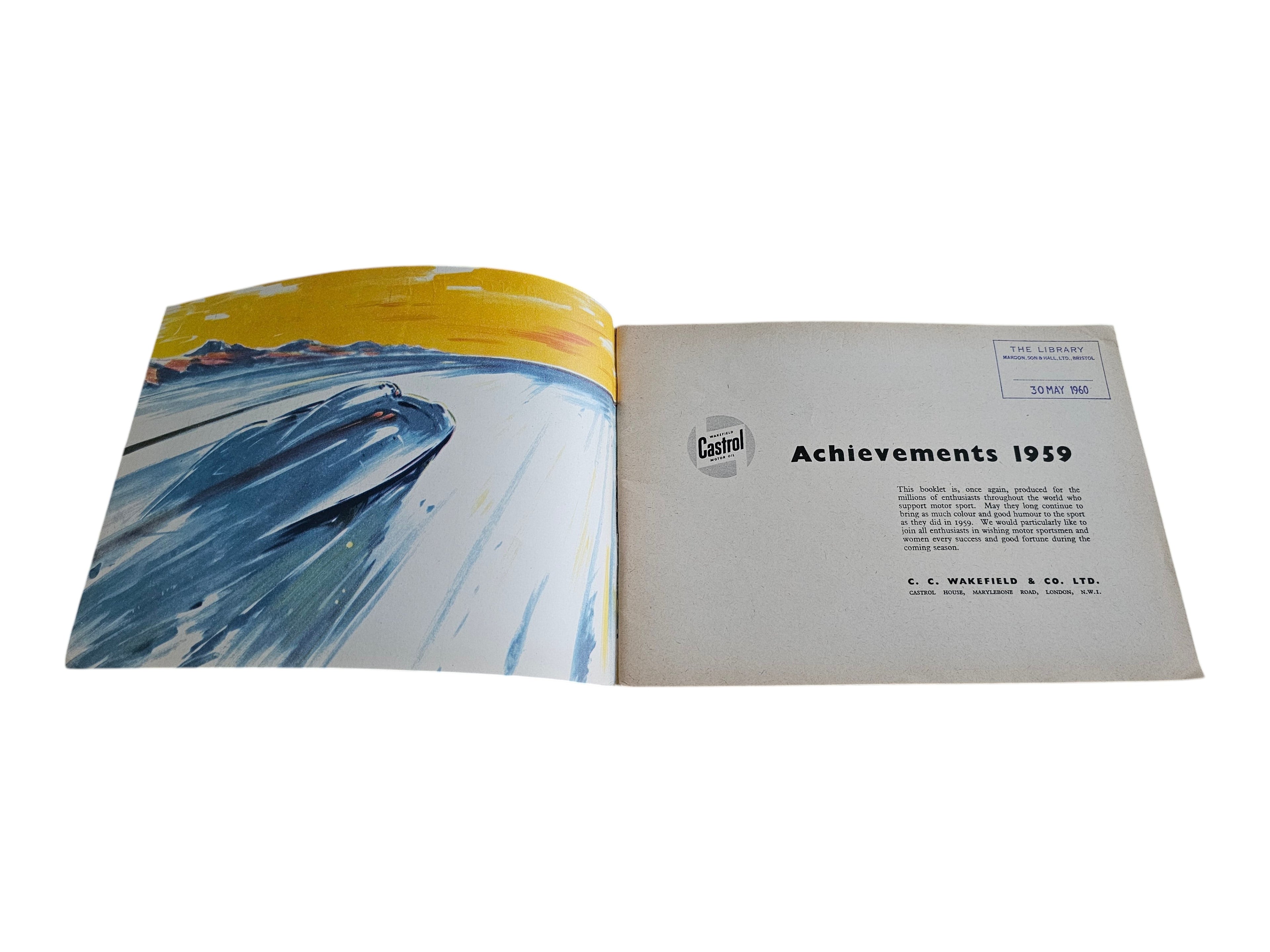Open vintage racing book with Castrol Achievements 1959 title page and artwork