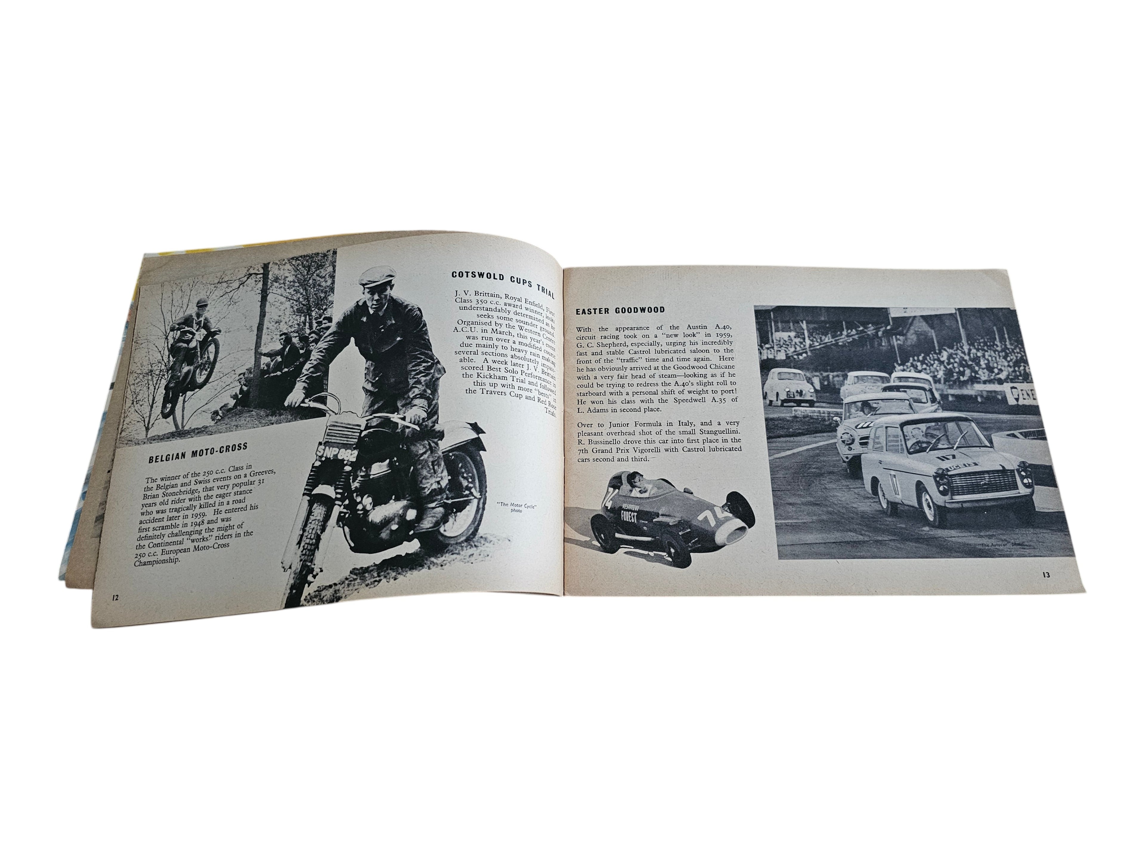 Open vintage racing book with black-and-white motorcycle and vehicle action photos