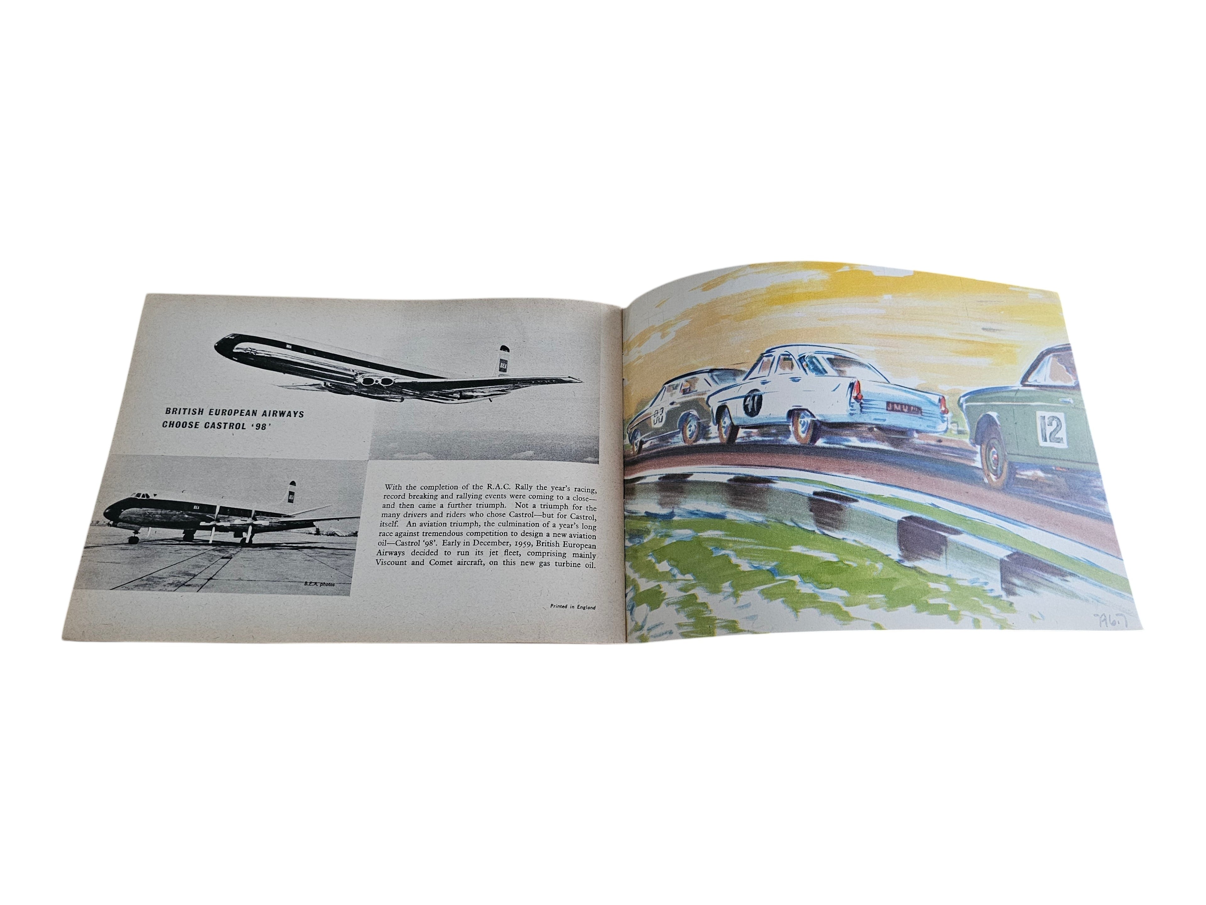 Open vintage racing book with photo pages and printed captions, two-page spread