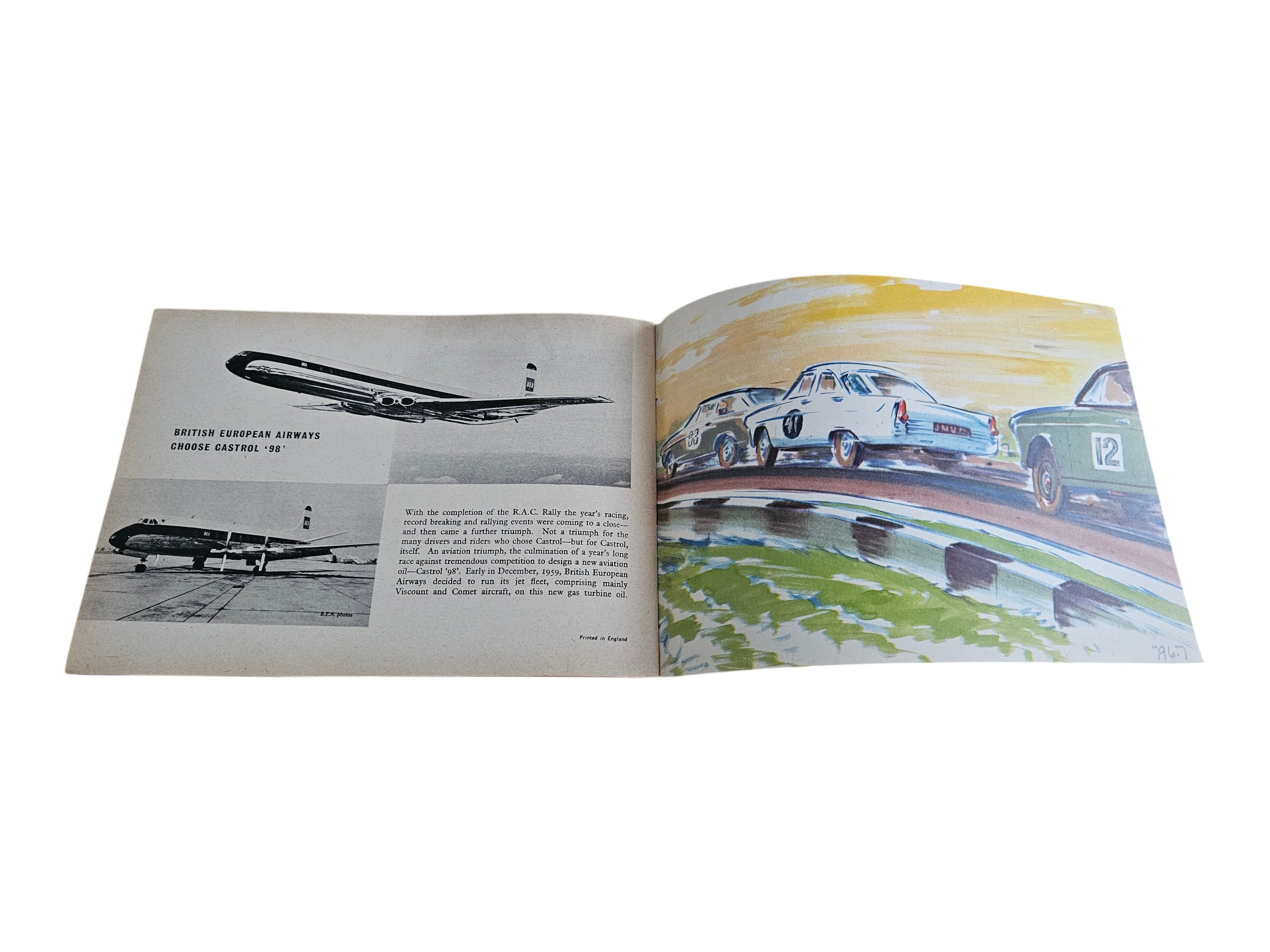Open vintage racing book with photo pages and printed captions, two-page spread