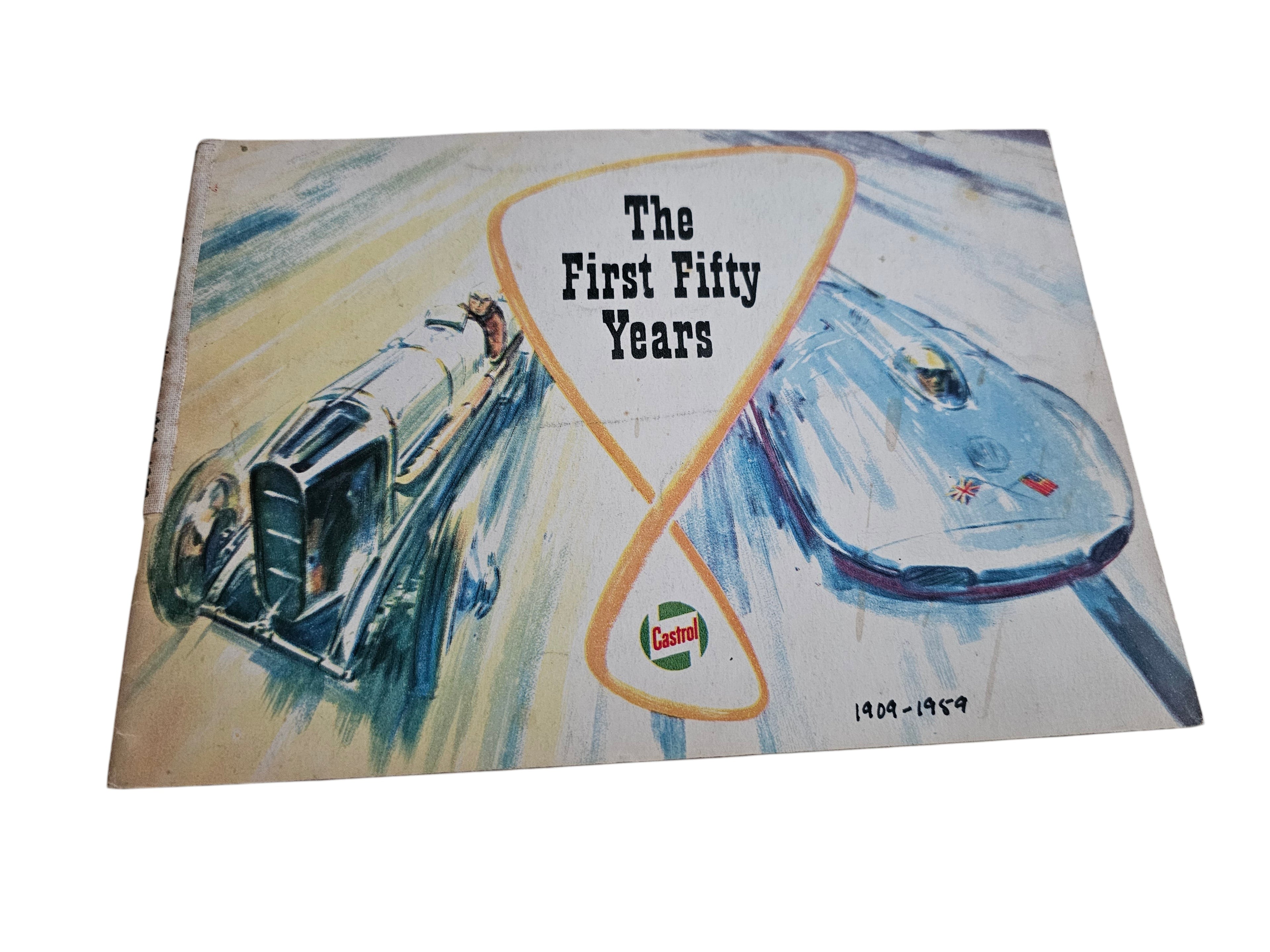 Vintage automotive book cover showing racing cars and airplane, The First Fifty Years