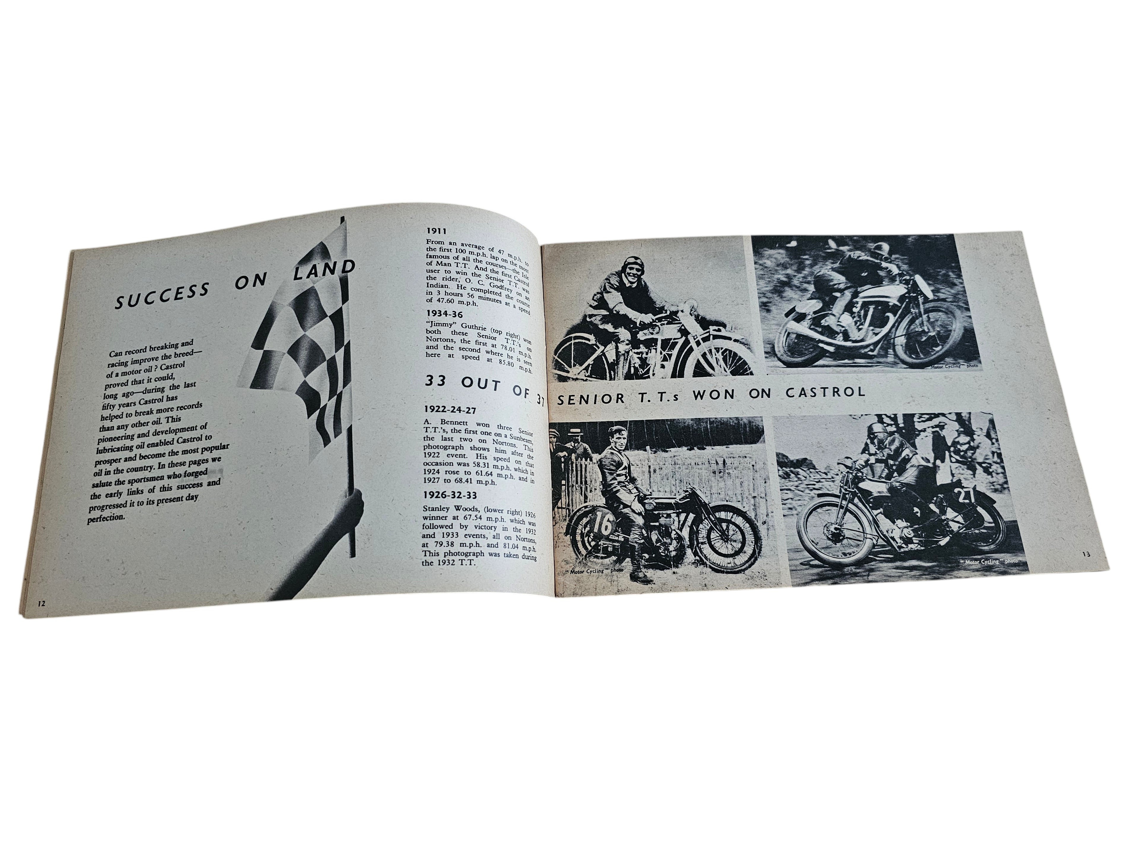 Open book spread with photos of racing bikes and cars and columns of text