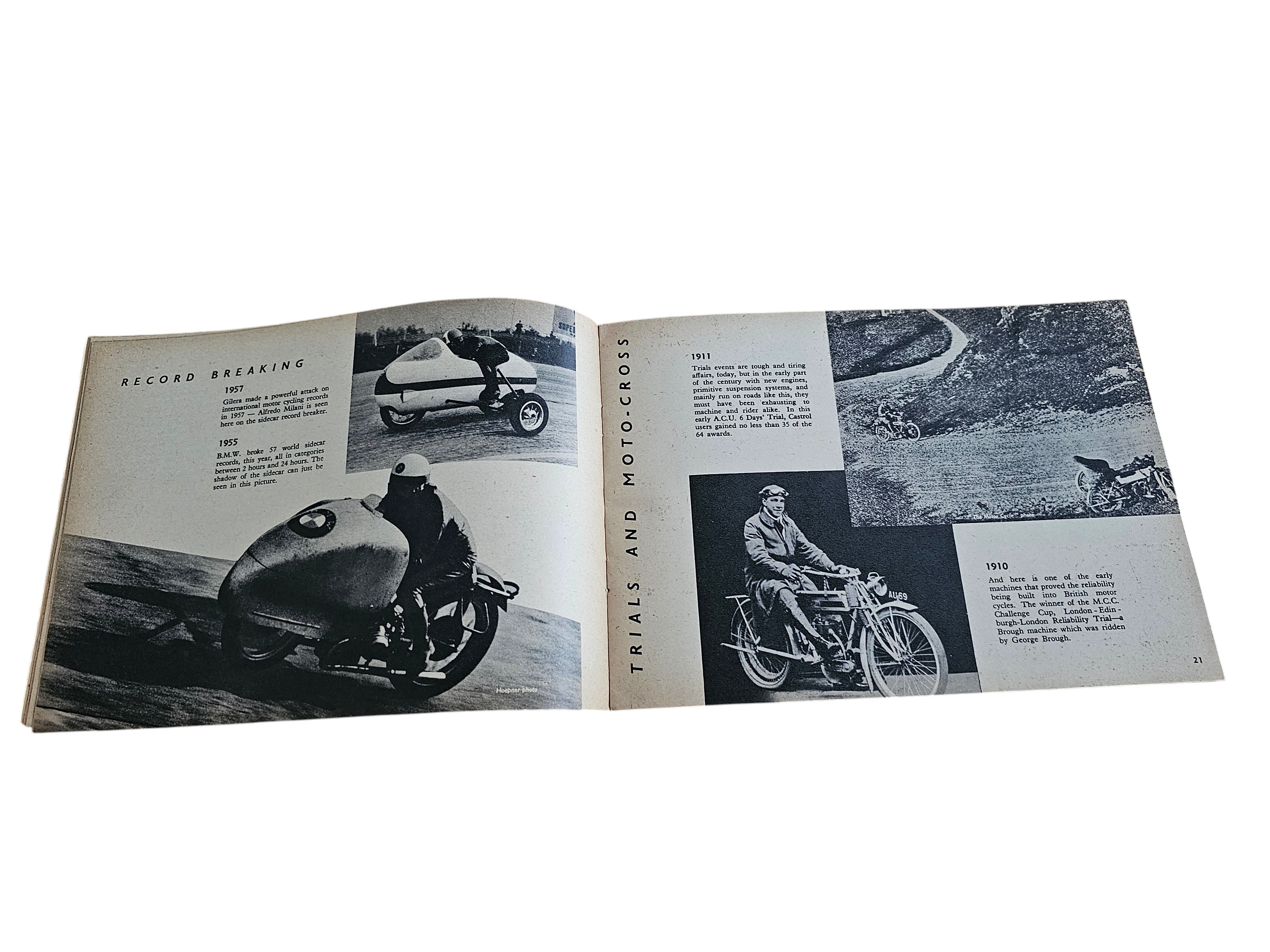Open book spread with black-and-white vehicle photos and printed captions