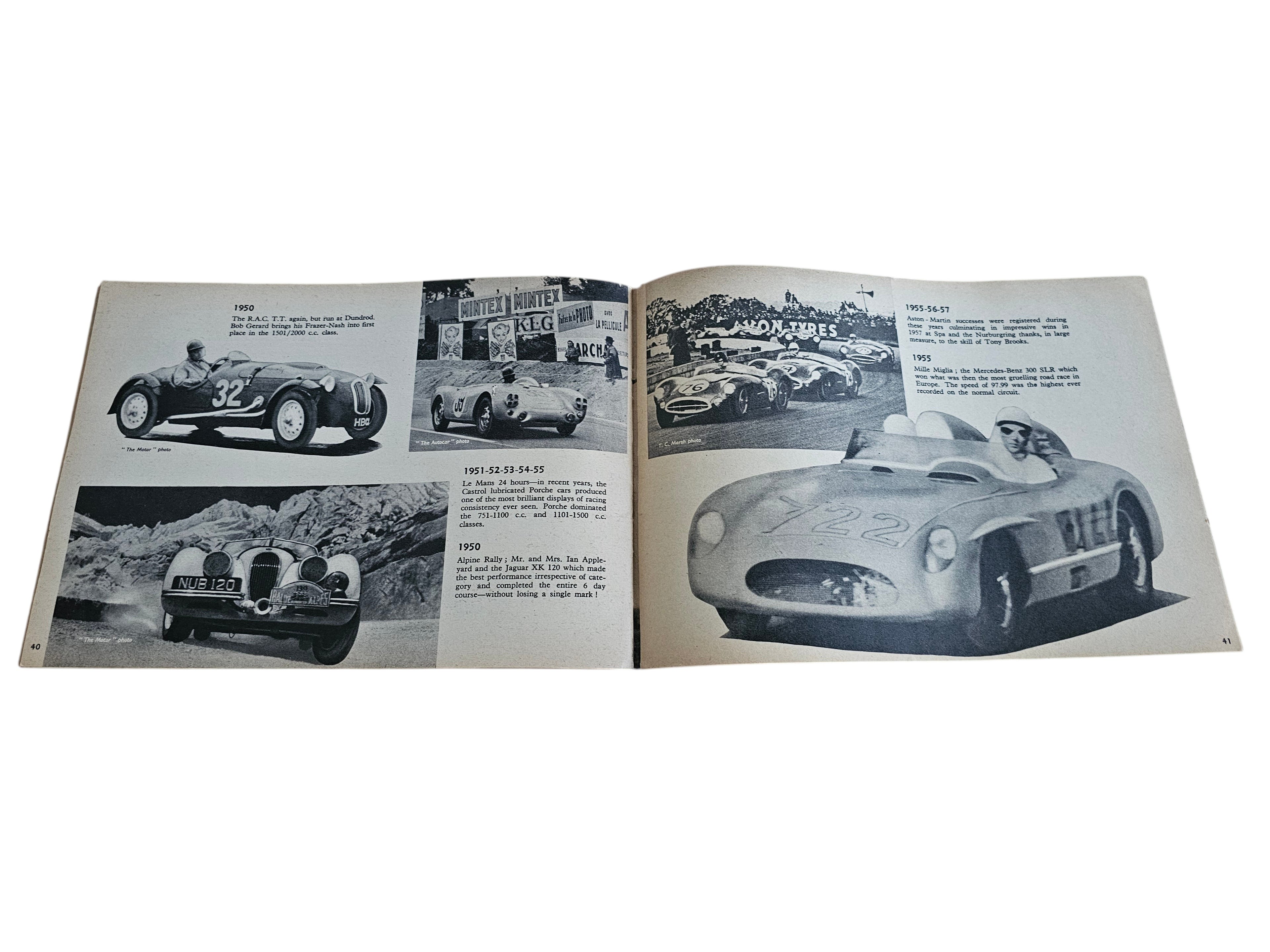 Open book spread featuring four racing car photos and a large sports car image