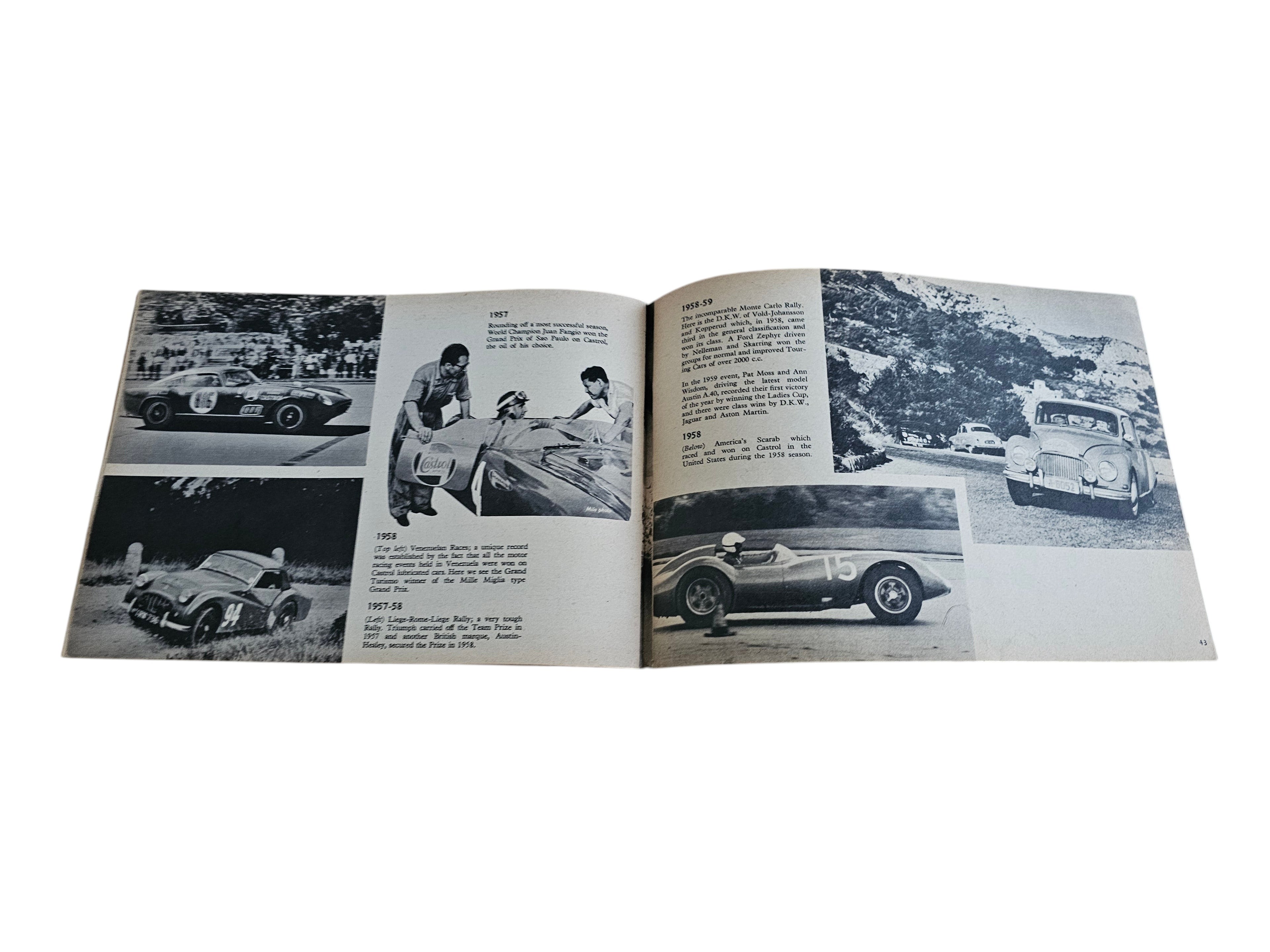 Open book spread with racing track photos and cars, with blocks of printed text