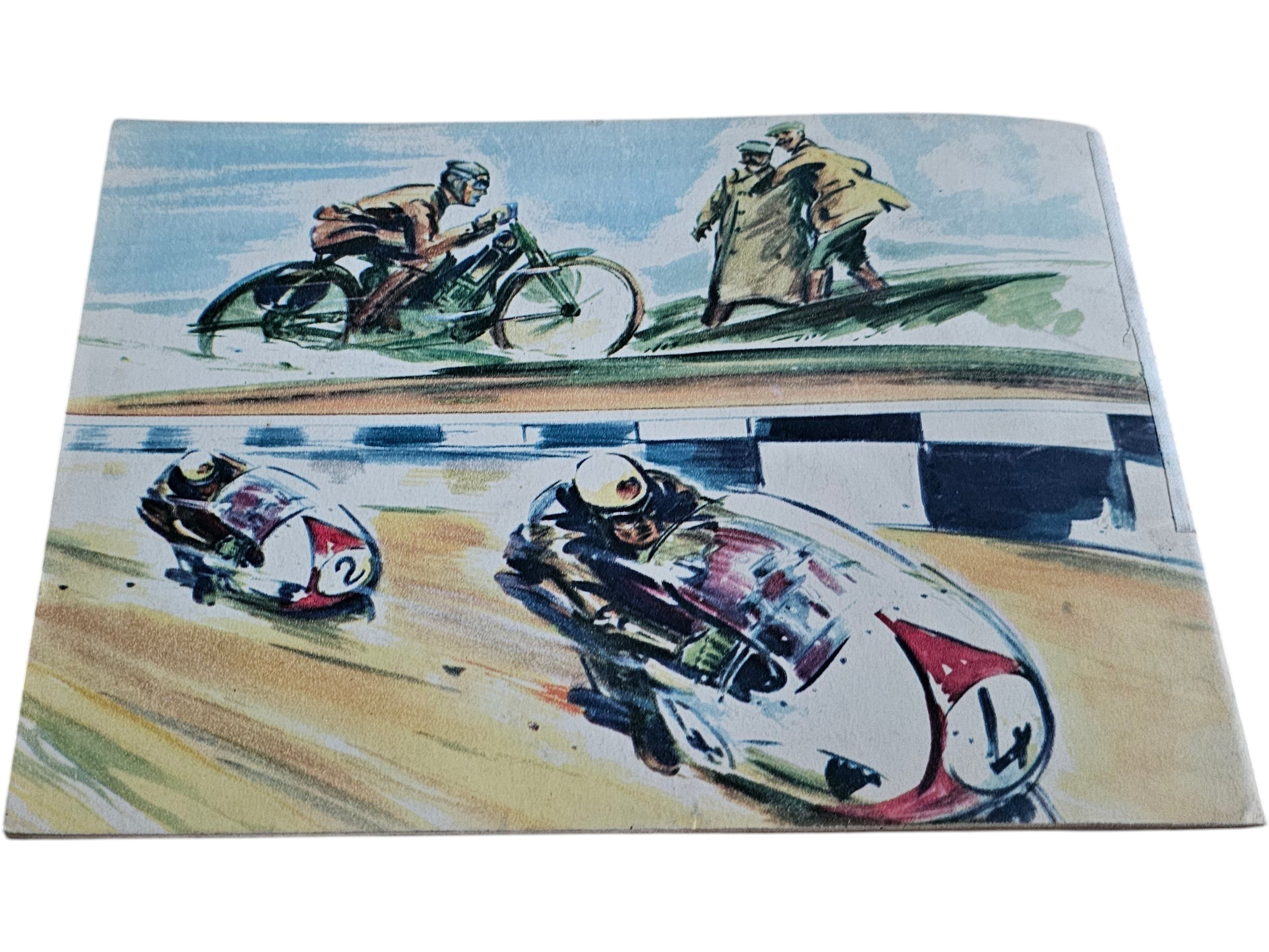 Vintage automotive book cover with motorsport scene and racing cars illustration
