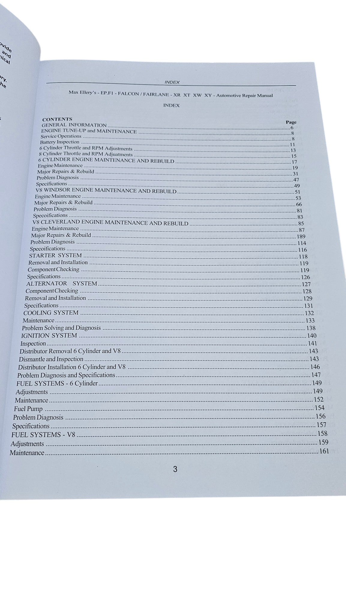 Workshop manual open page with contents list and page number 3