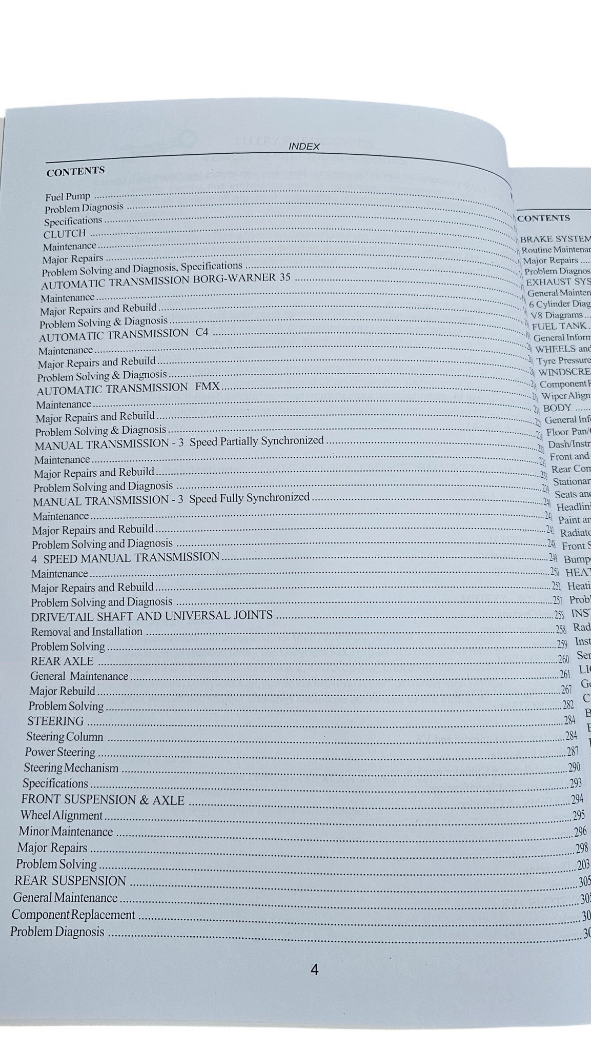 Workshop manual open page with contents and index and page number 4