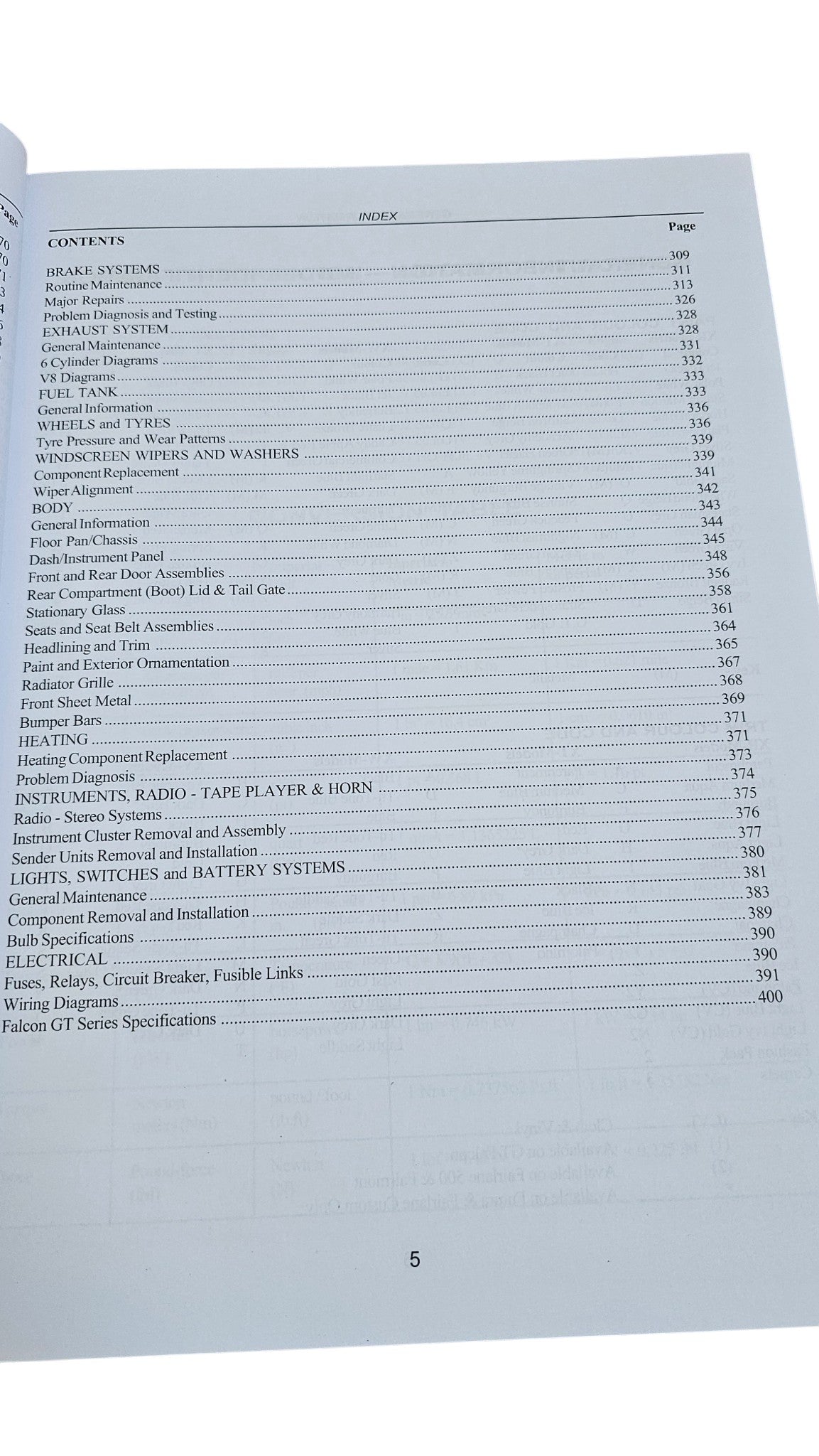 Workshop manual open page with contents list and page number 5