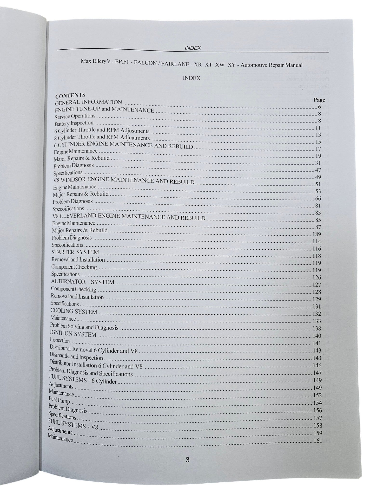 Workshop manual open index page with section headings and page numbers