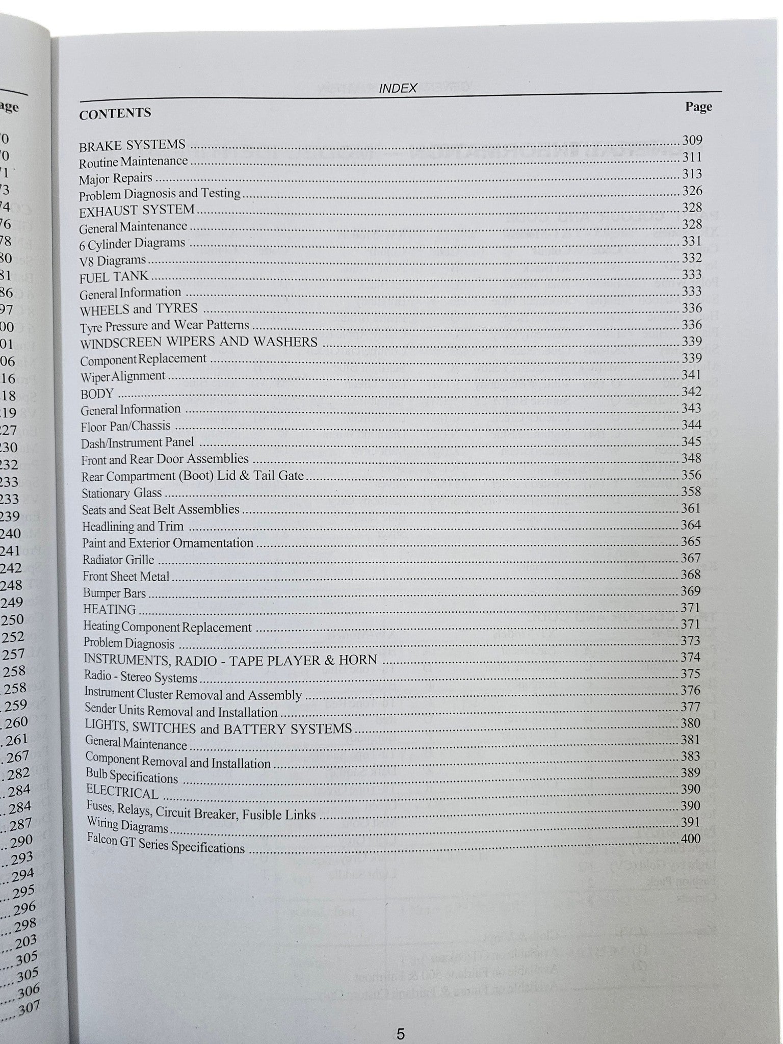 Workshop manual open index page listing brake, exhaust, and electrical topics