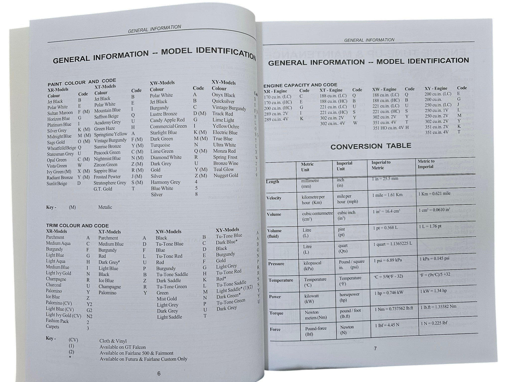 Workshop manual open general information and model identification tables