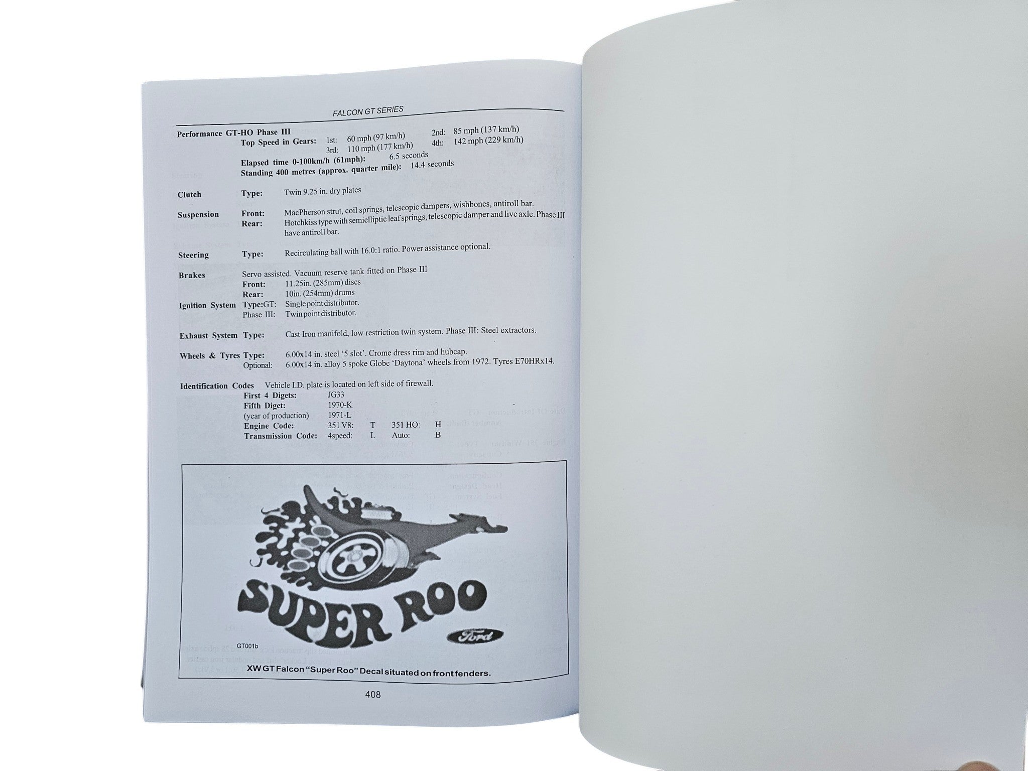 Workshop manual open page with specifications table and Super Roo logo