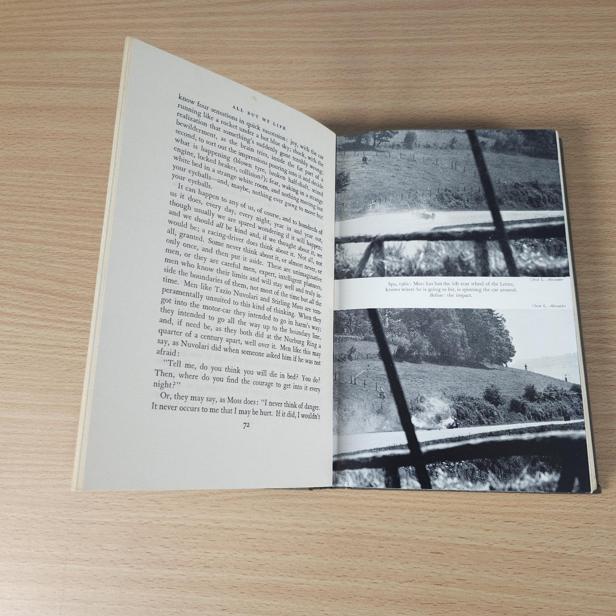 Open book spread with text and a black-and-white photo of a track and hills