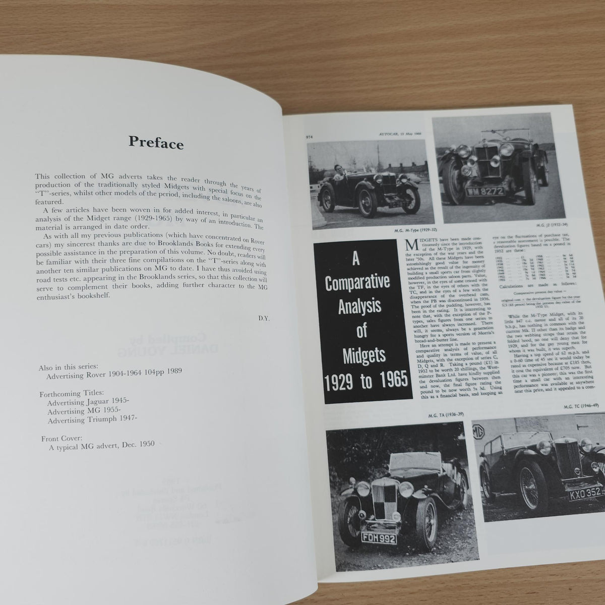 Vintage MG advertising book opened to a Preface page and article with car photos.