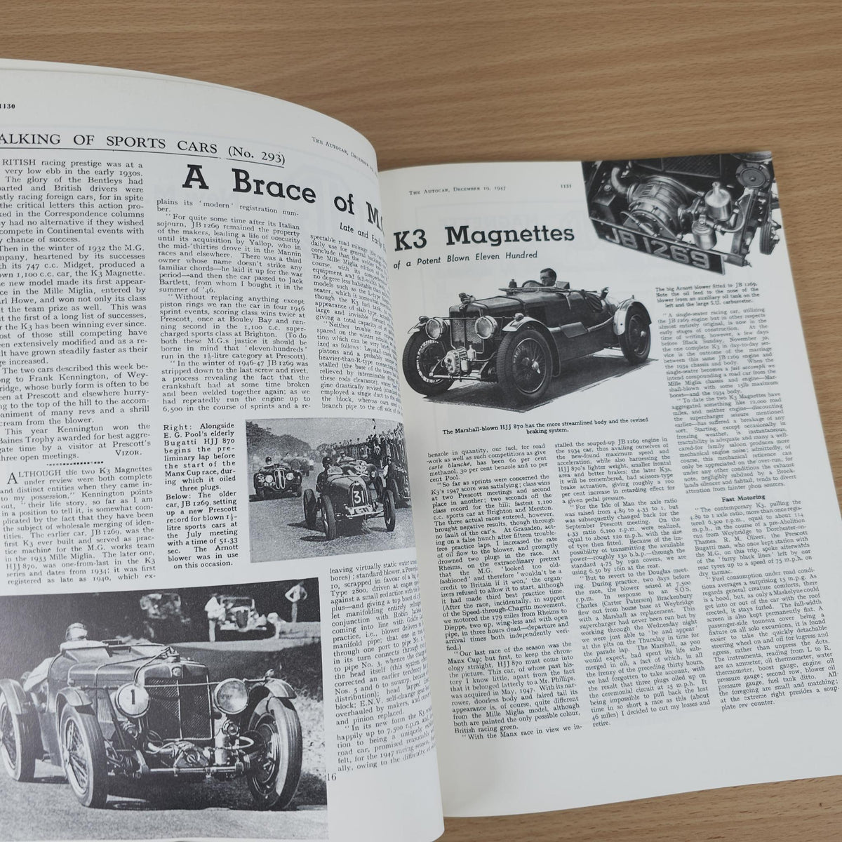 Vintage MG advertising book open to articles titled “A Brace of K3 Magnettes.”