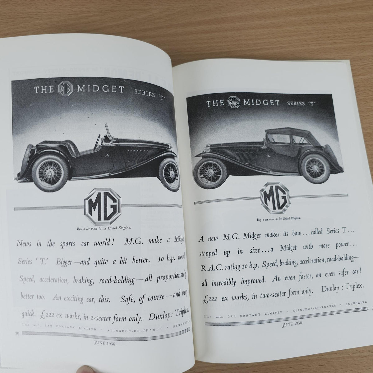 Vintage MG advertising book open to “The Midget Series” pages with car images.