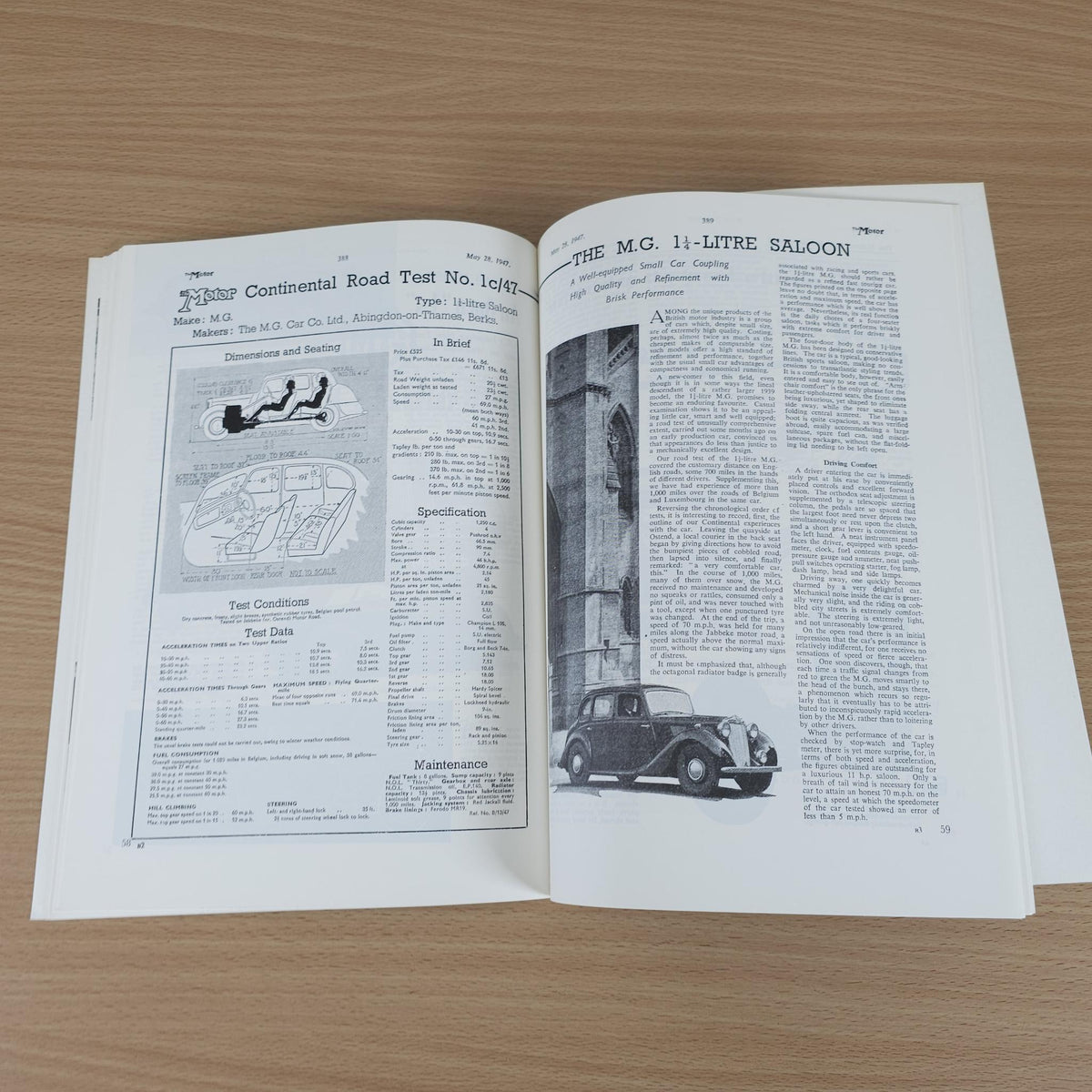 Vintage MG advertising book open to test details and “The M.G. 1Litre Saloon” article page.