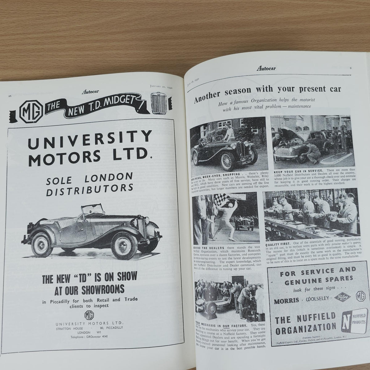 Vintage MG advertising book open to “UNIVERSITY MOTORS LTD” advertisement and service photos.