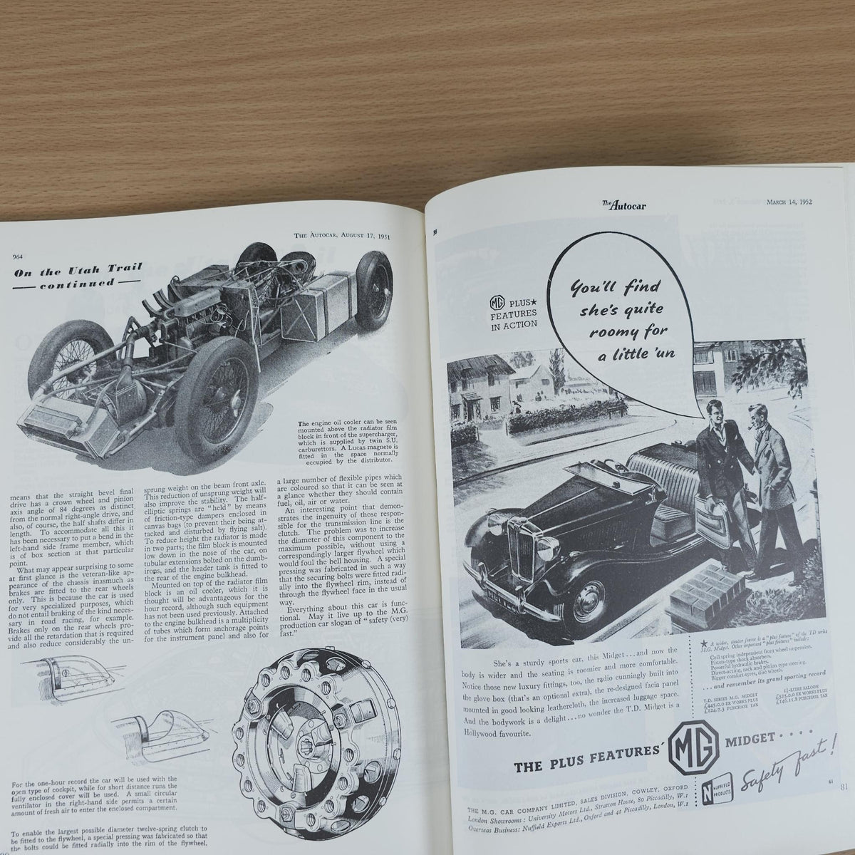 Vintage MG advertising book, open to car drawings and feature text pages