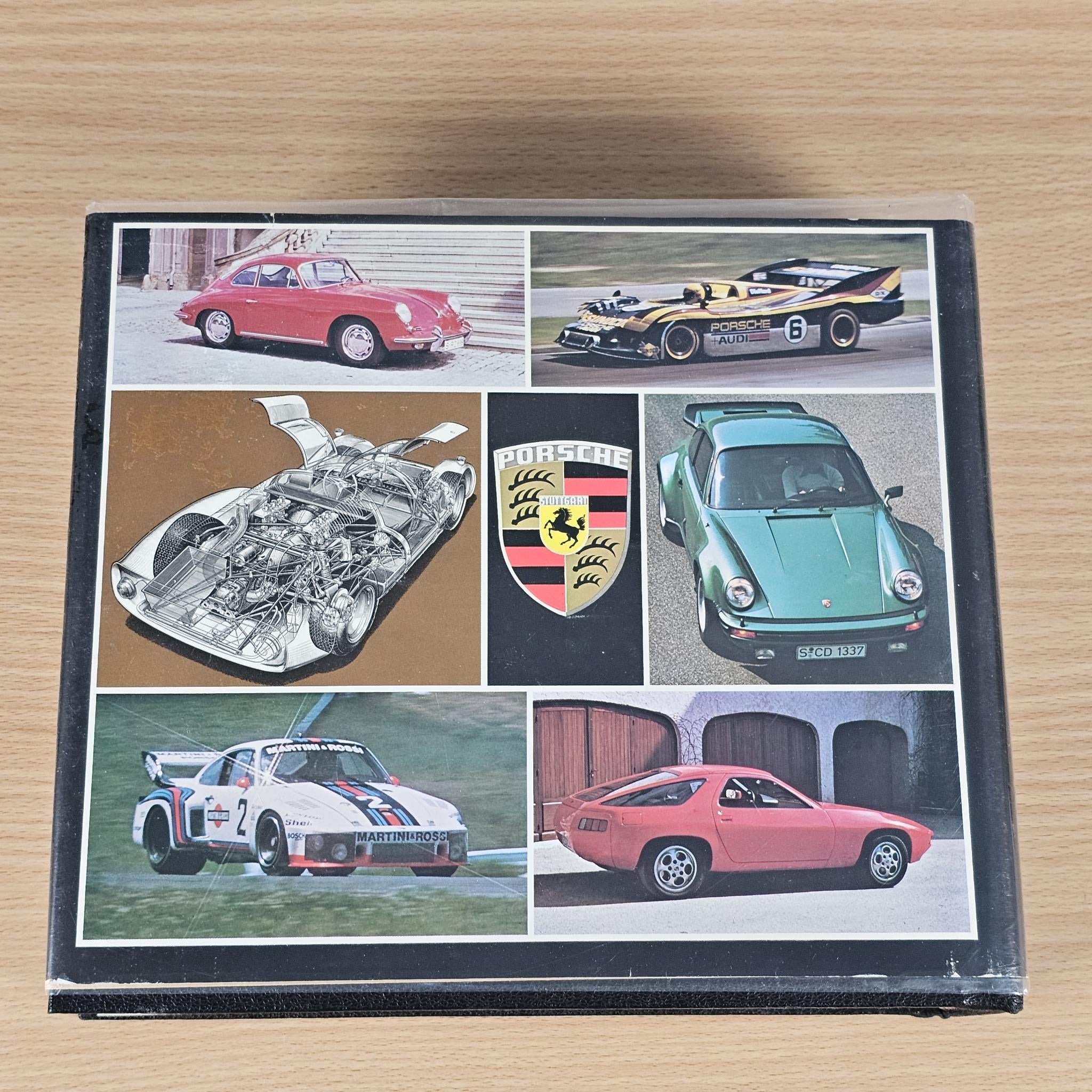 Automobile history book cover with photo collage and Porsche shield crest
