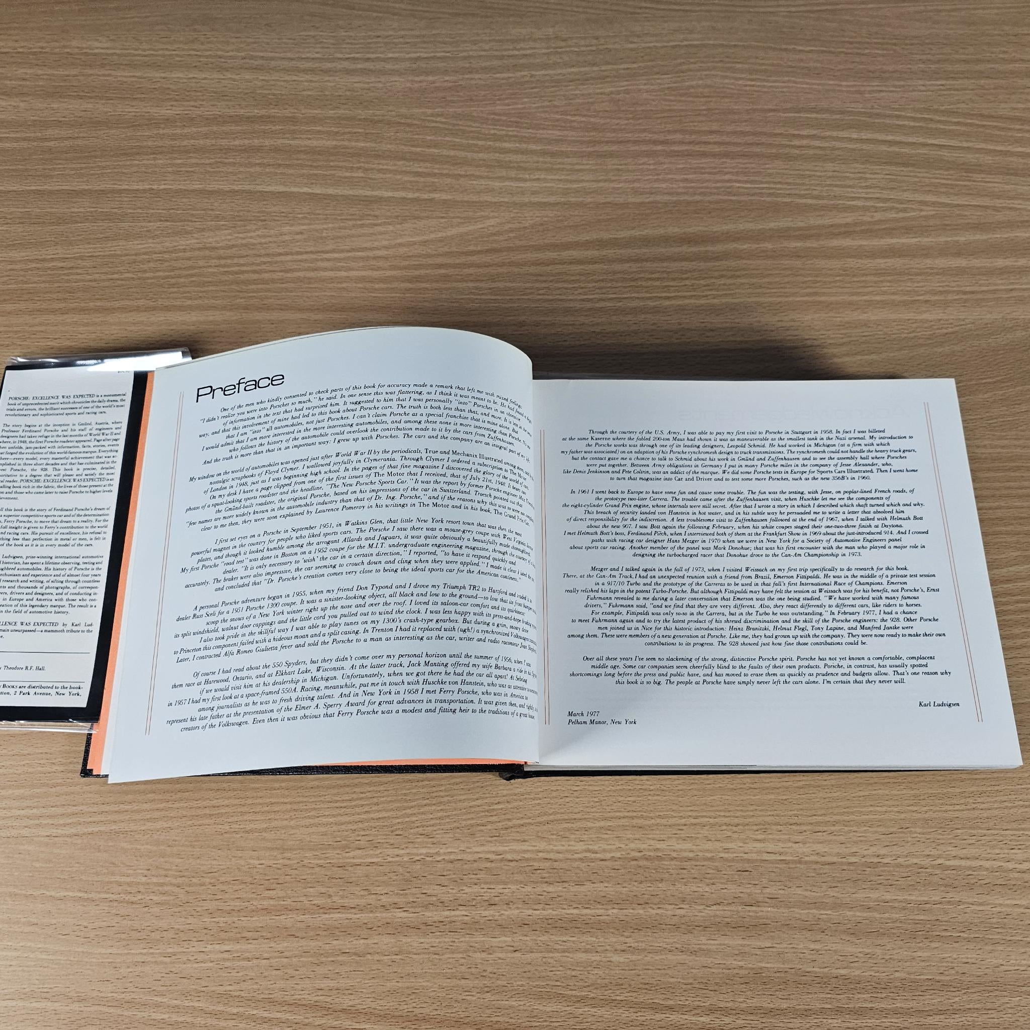 Automobile history book open to "Preface" page with dense paragraph text
